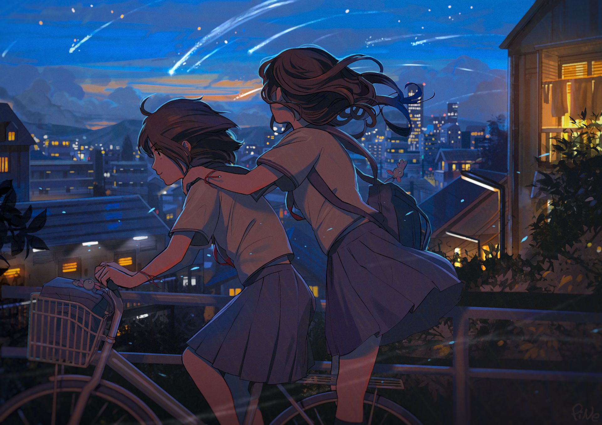 Comet night, city, anime, bike 8k Backgrounds