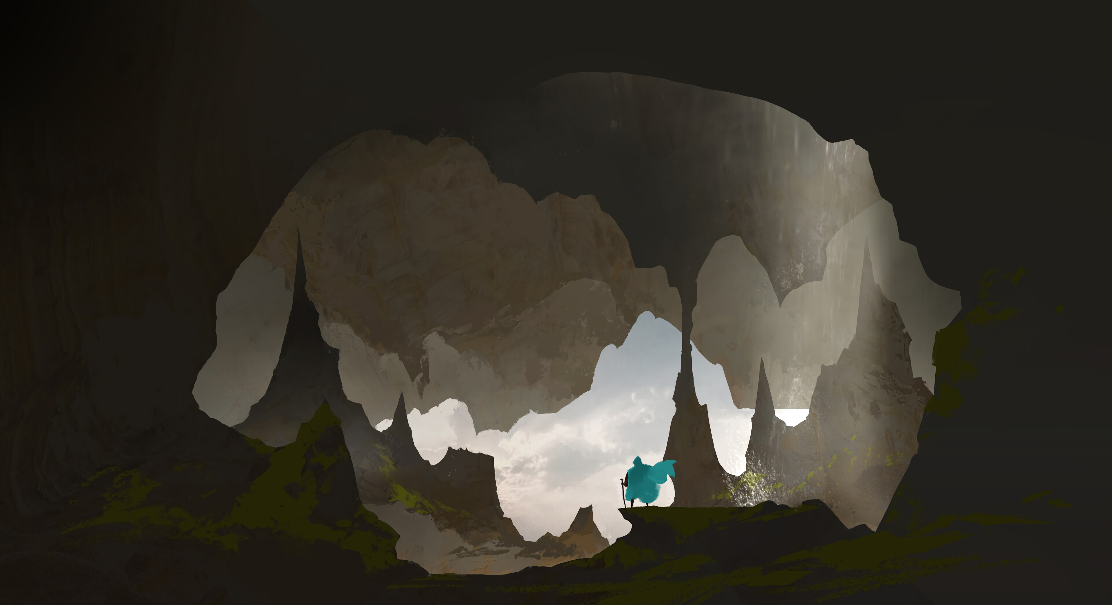 Mobile HD Wallpaper Traveler cave, silhouette, rocks, wayfarer