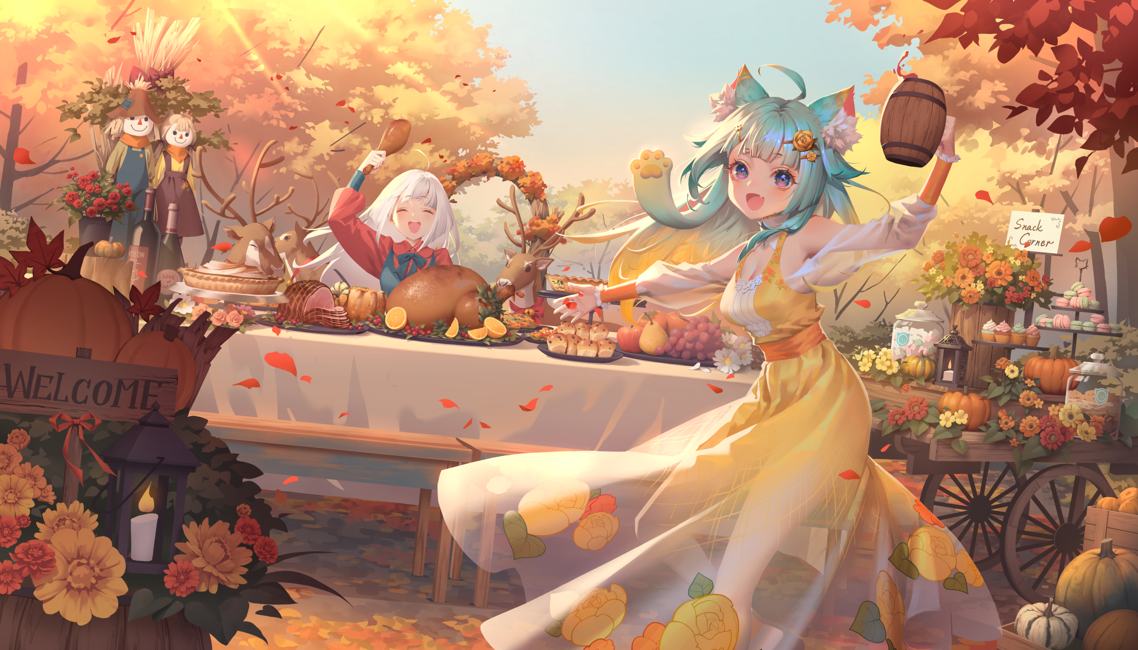Mobile wallpaper: Anime, Fall, Girl, Thanksgiving, White Hair, Aqua Hair,  Animal Ears, 1004415 download the picture for free.