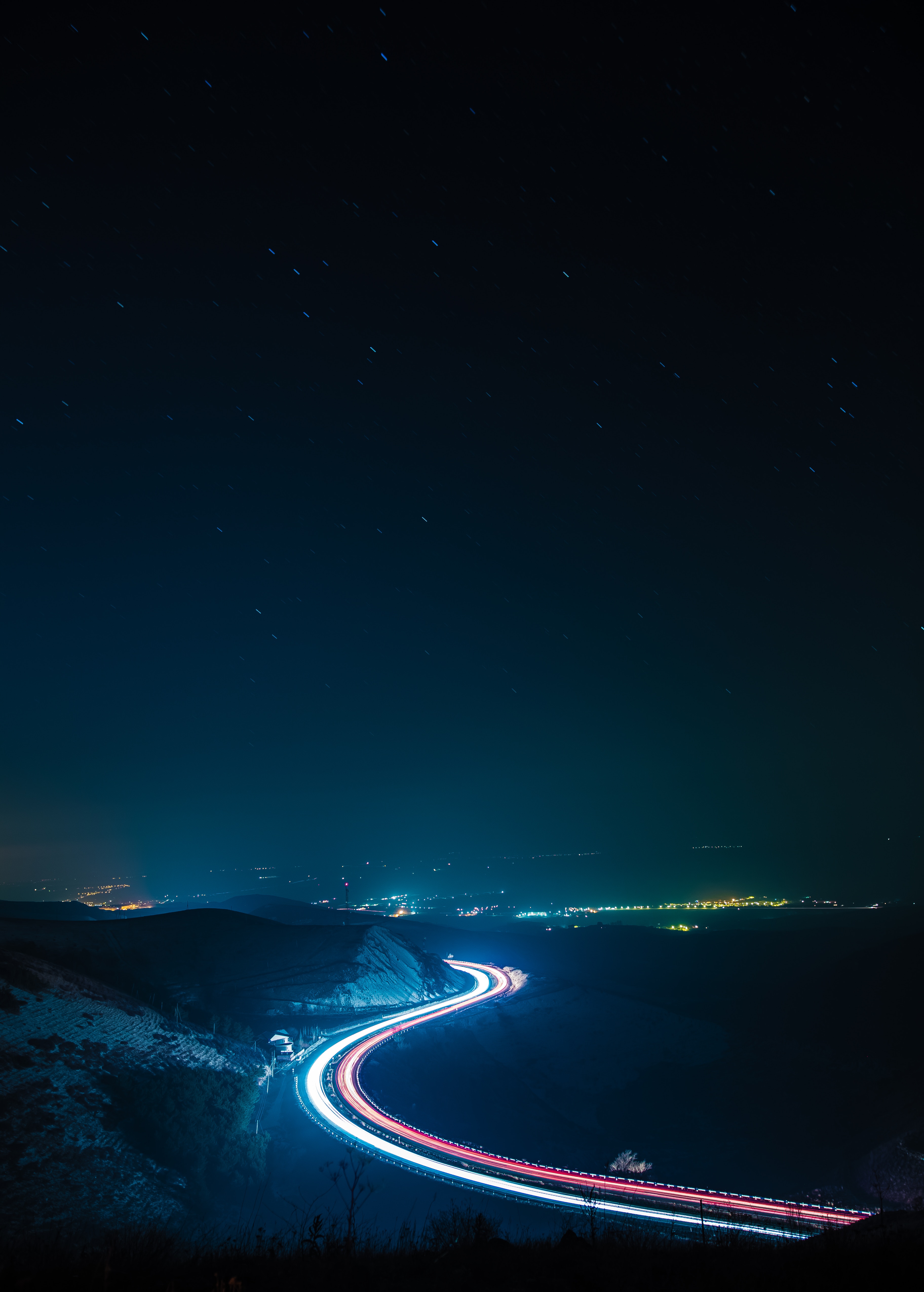 backlight, nature, night, road, turn, illumination High Definition image