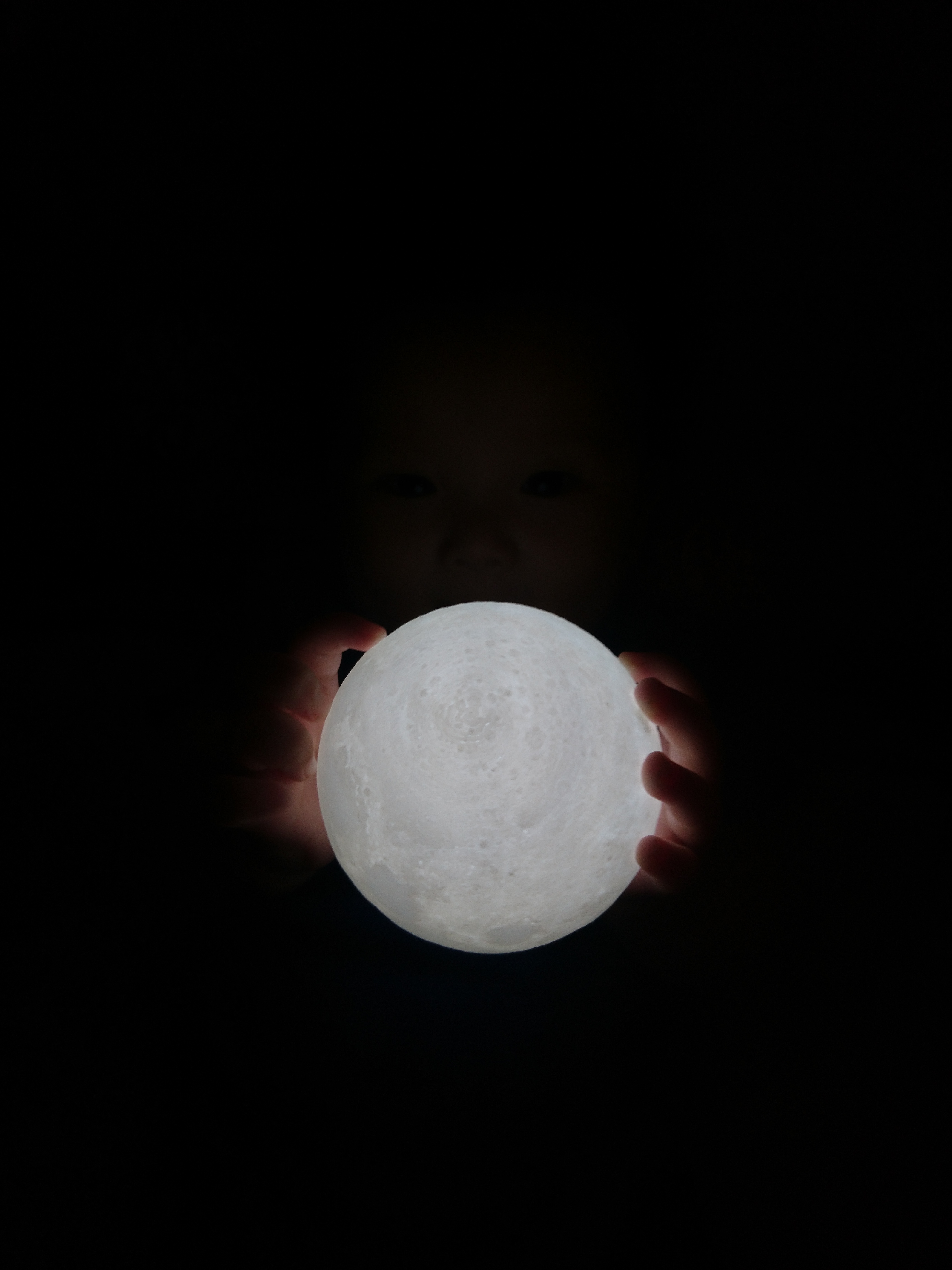 moon, dark, hands, ball, glow, child phone wallpaper