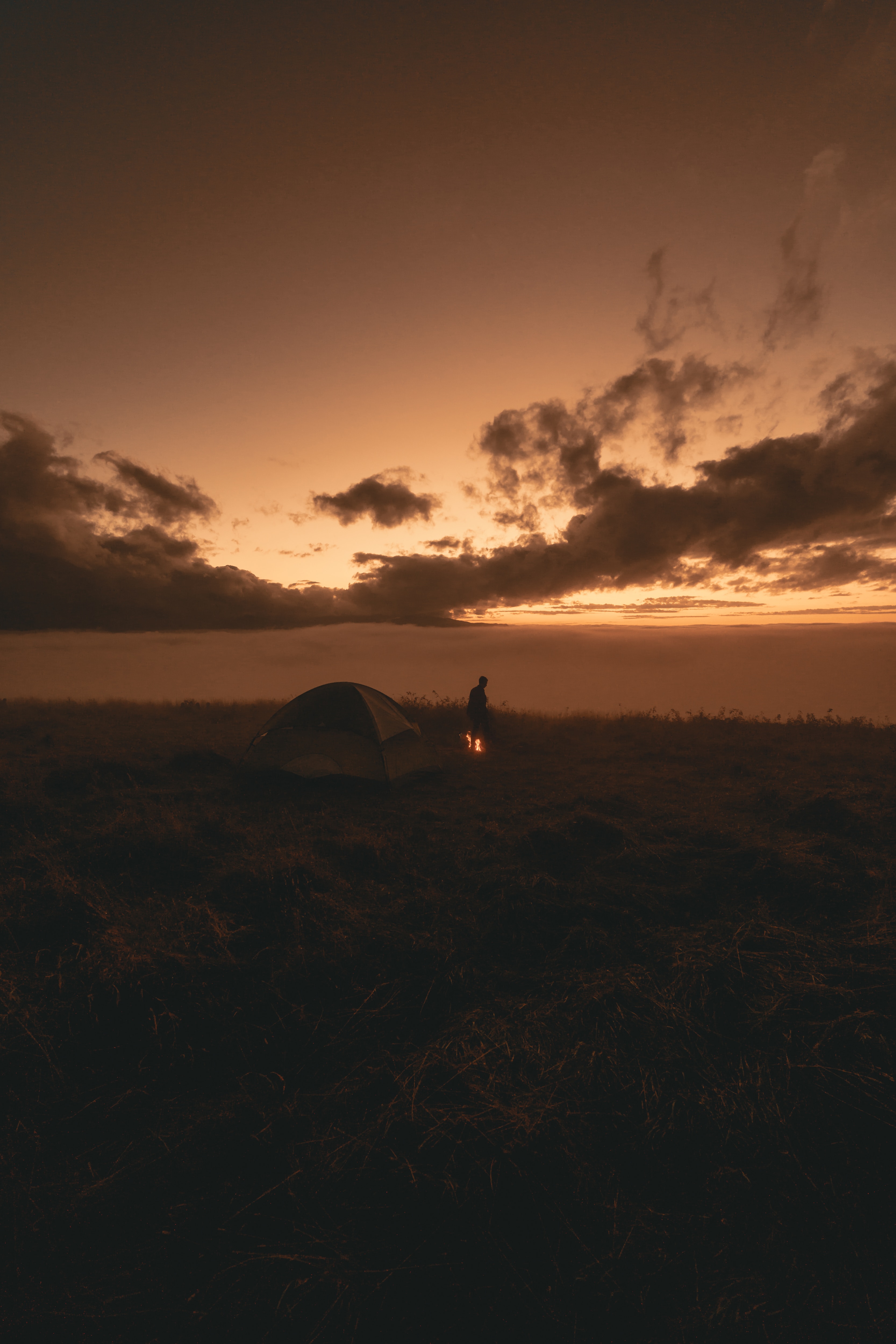 bonfire, twilight, dark, silhouette, dusk, tent for android