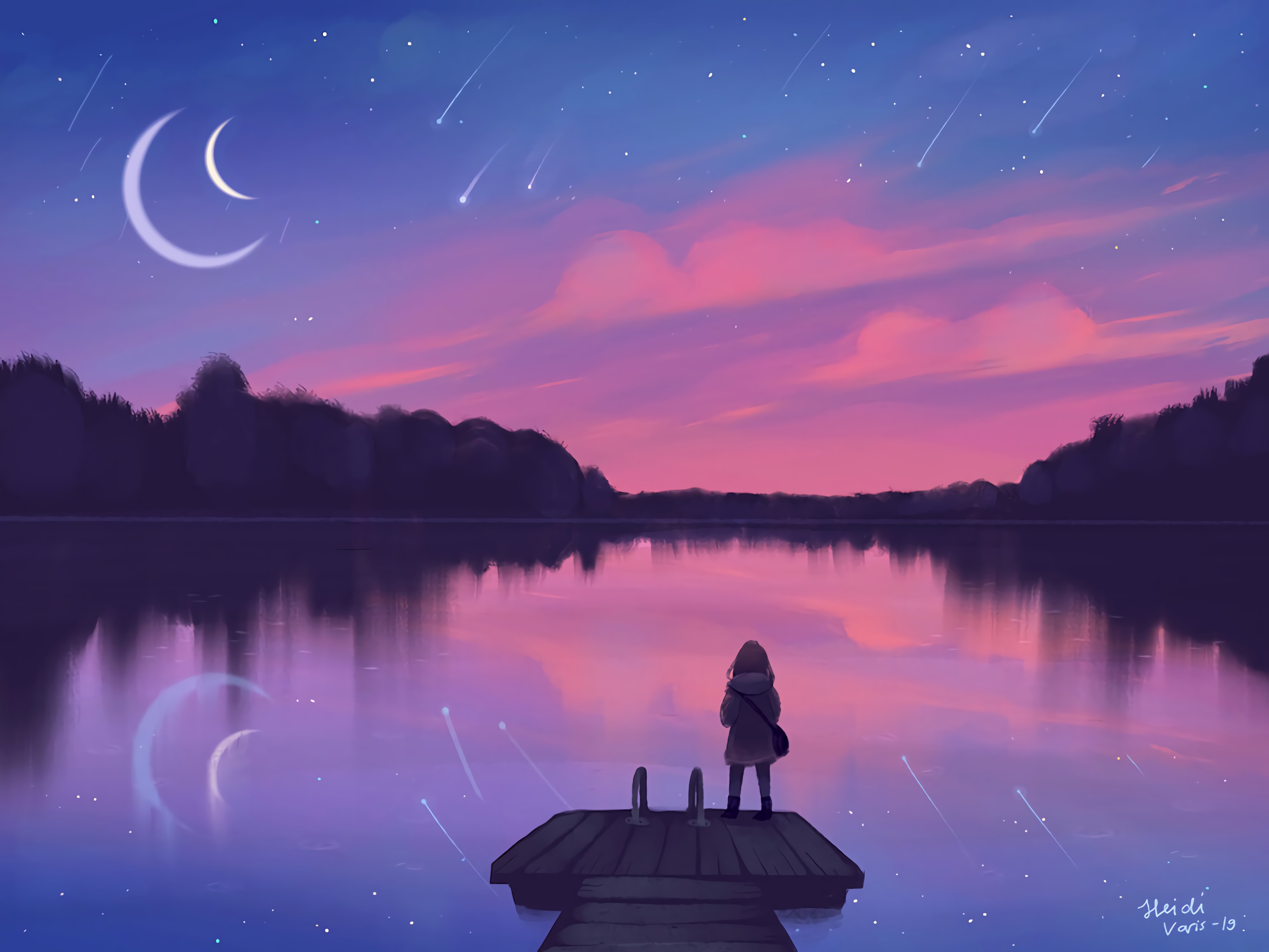 Loneliness night, lake, silhouette, pier 4k Wallpaper
