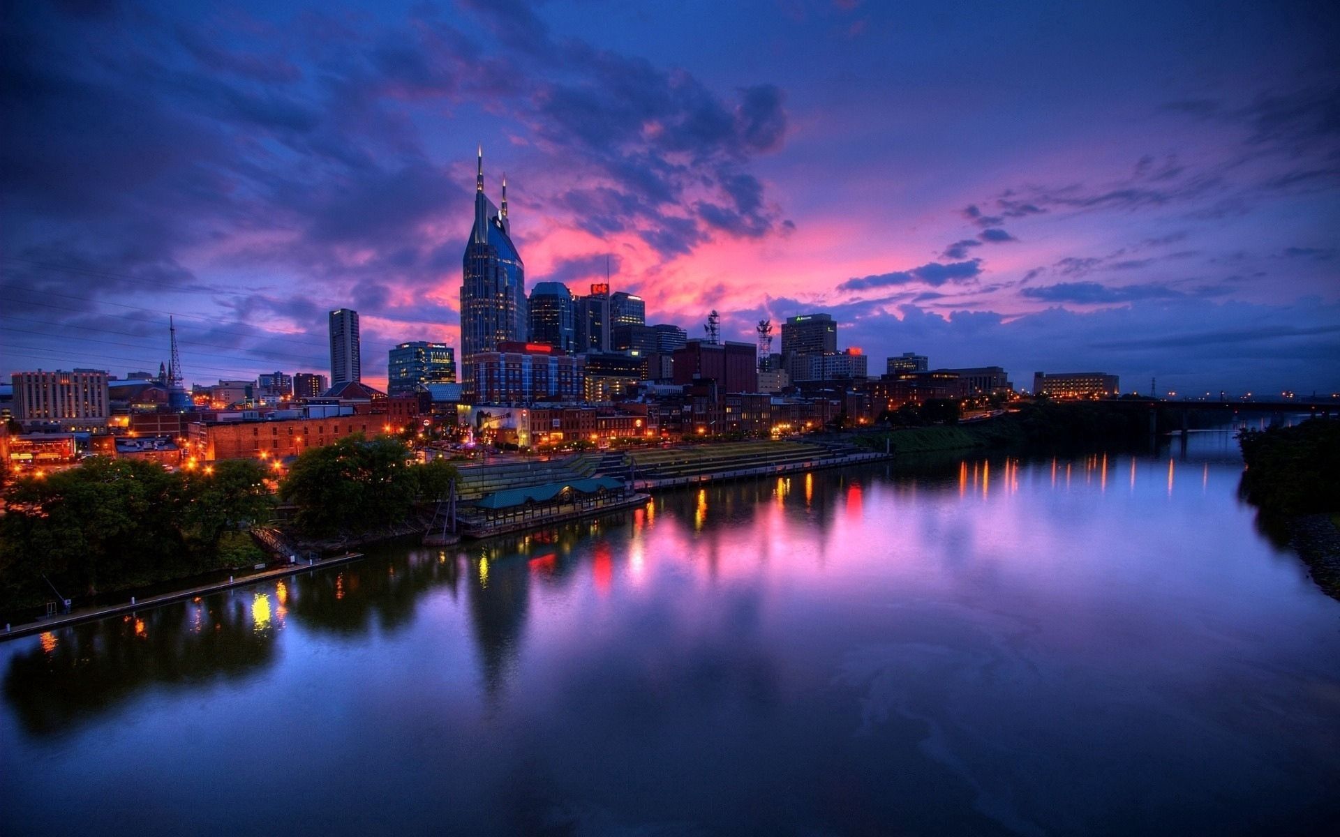 city, cities, rivers, night, building, shore, bank, skyscrapers, lilac sunset Full HD