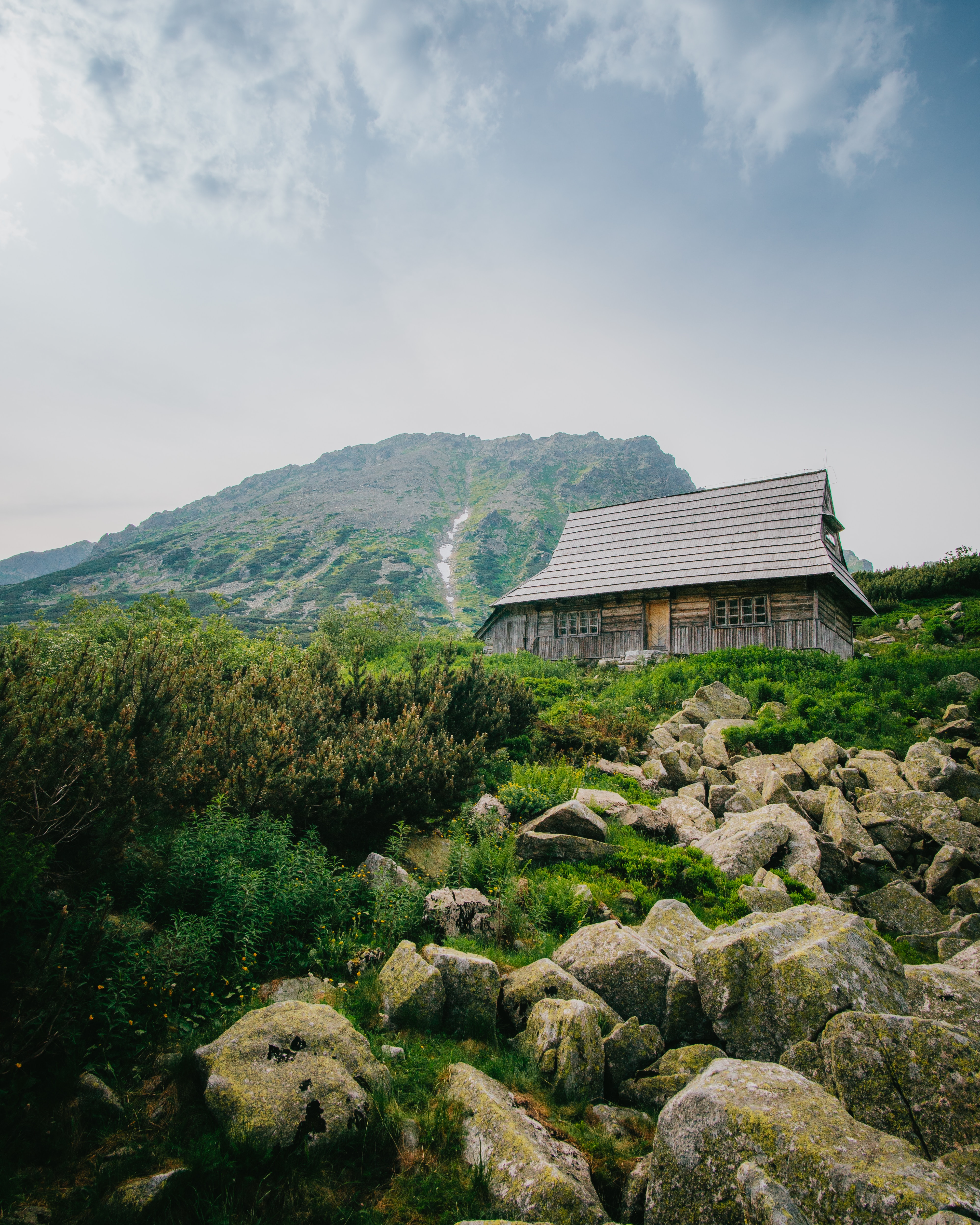 slope, nature, stones, mountains, house Full HD