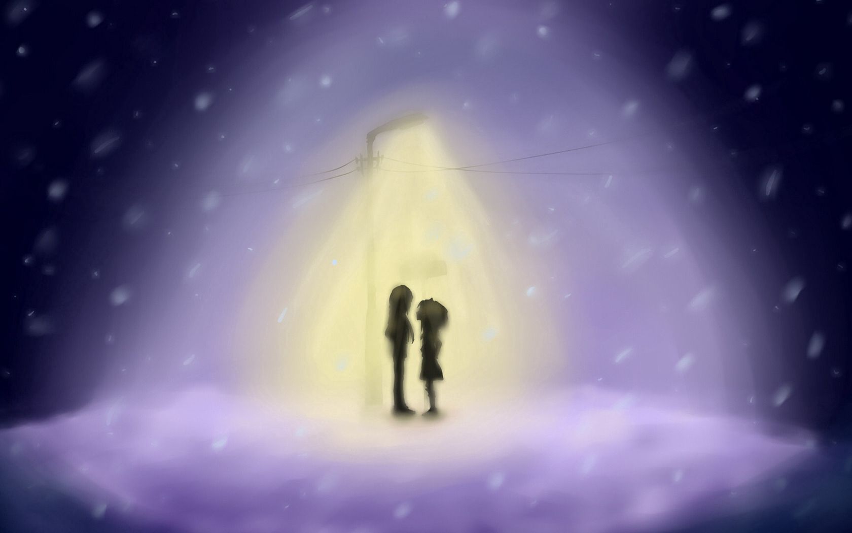 winter, guy, love, shine, light, picture, drawing, lamp, lantern, girl, snowfall, flakes HD wallpaper