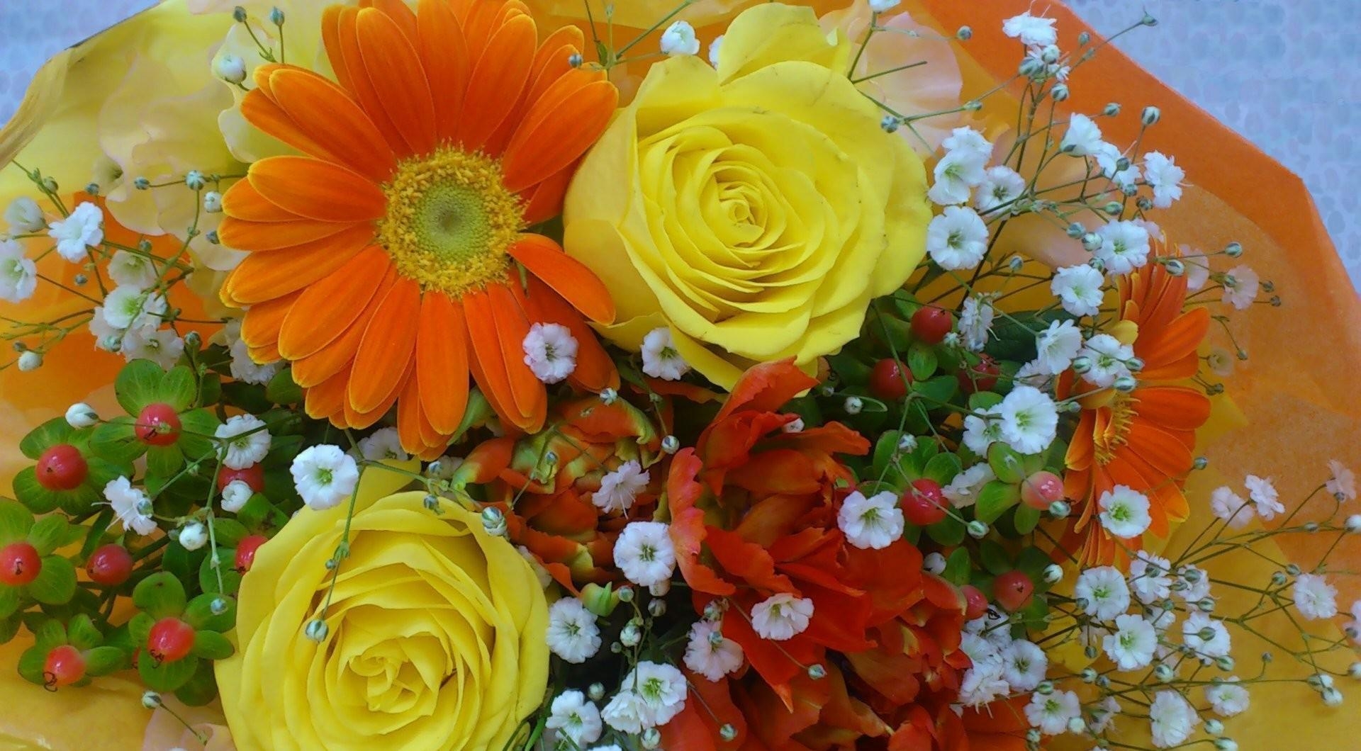 gypsophilus, bouquet, gerberas, flowers HD Wallpaper for Phone