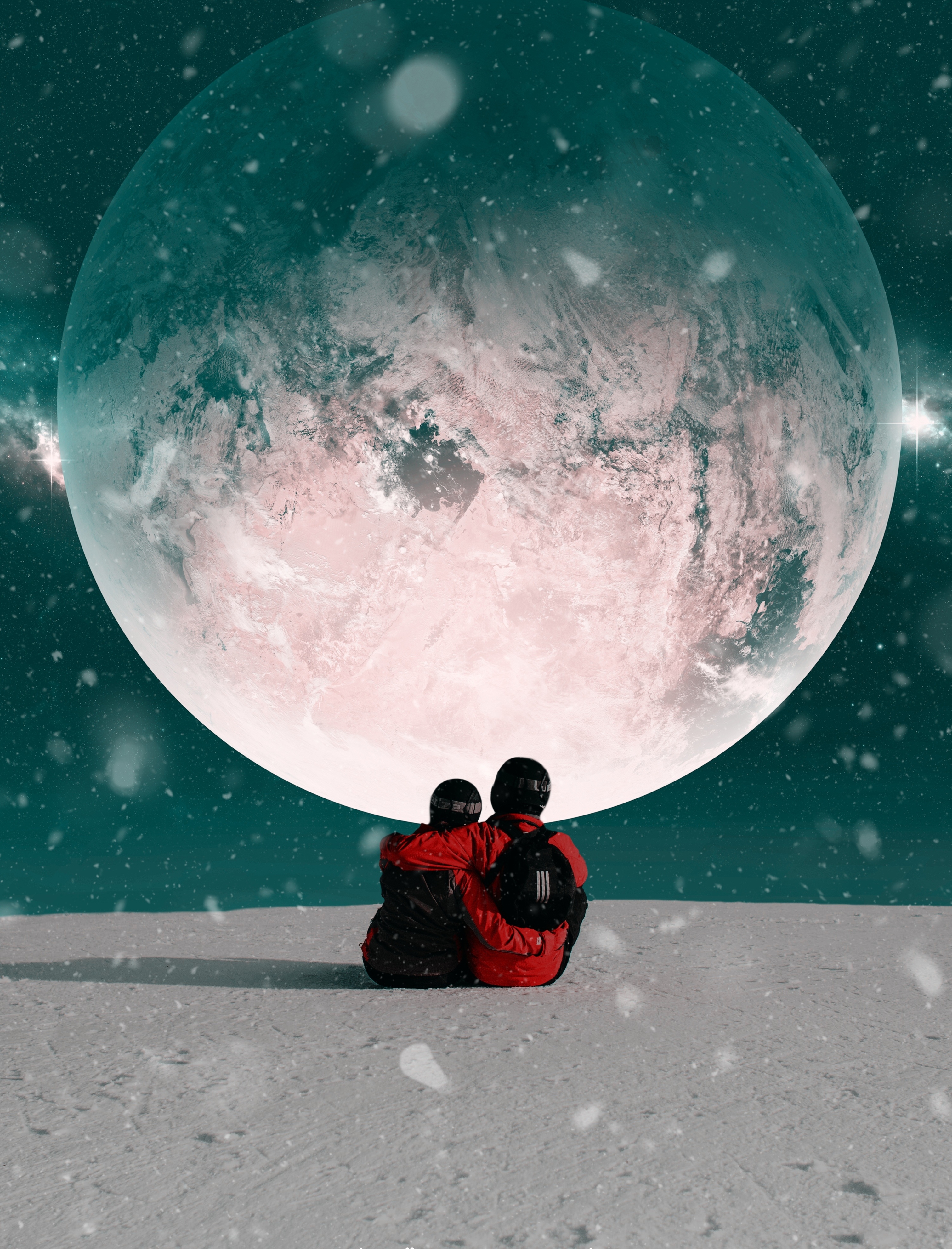 love, couple, pair, universe, moon, snow, embrace