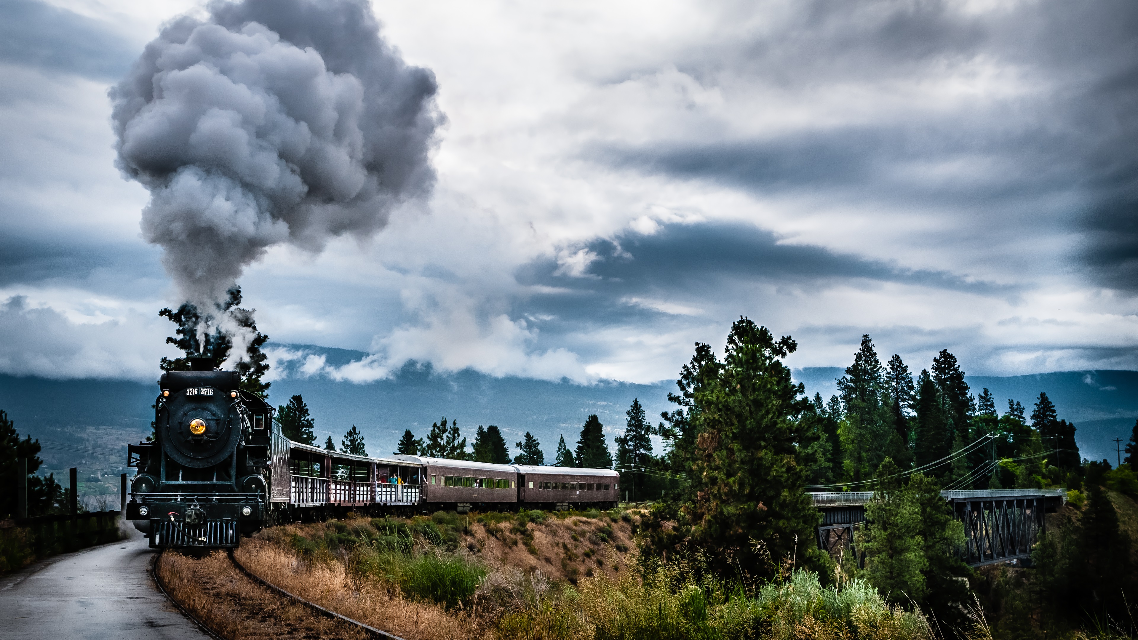 hdr, vehicles, train, cloud, railroad