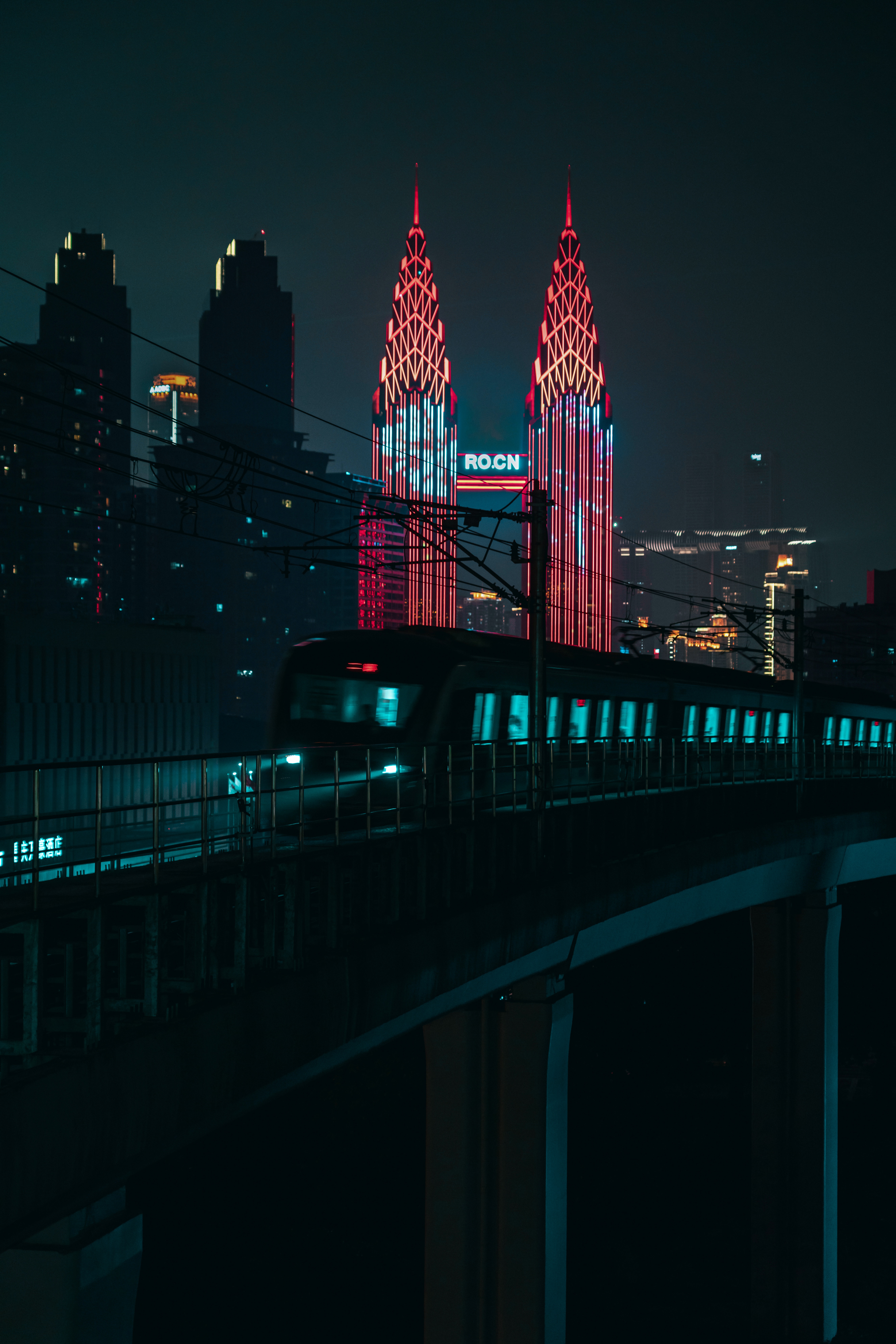 train, cities, architecture, building, night city, backlight, illumination phone background