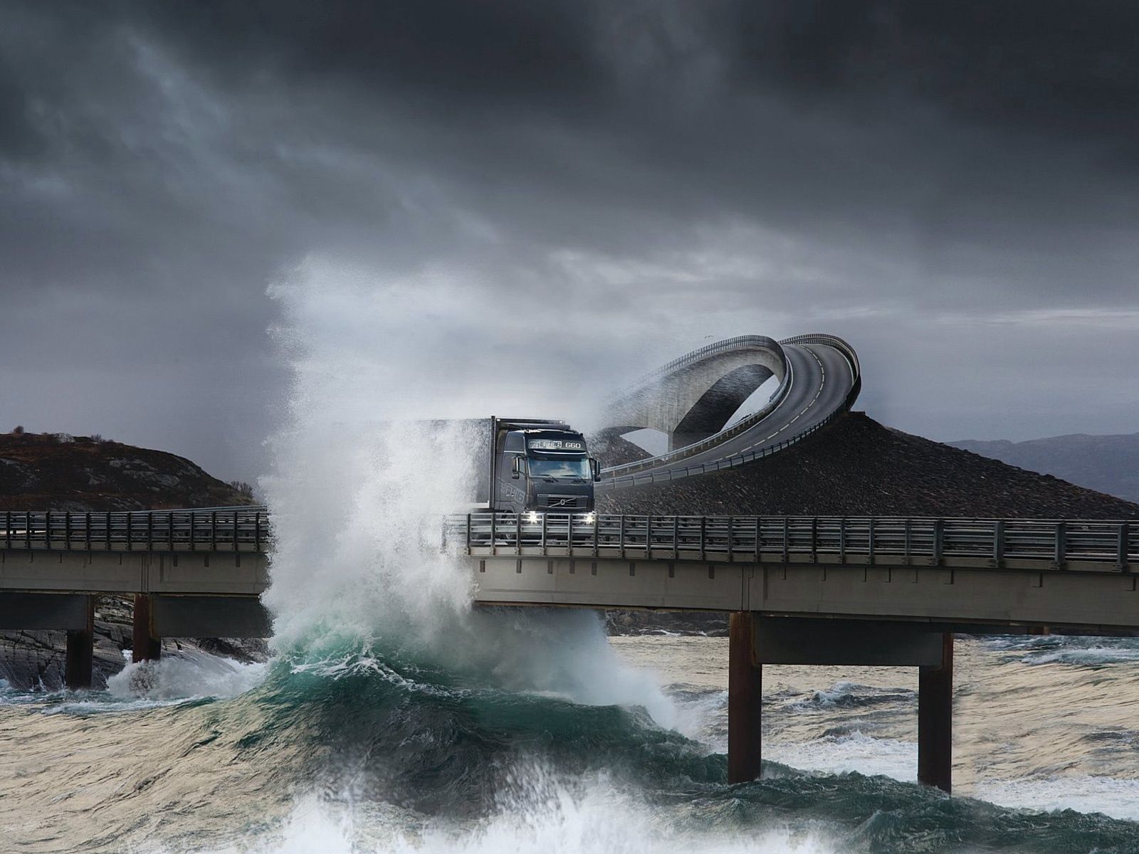 spray, storm, nature, sea, road, bridge, truck, lorry