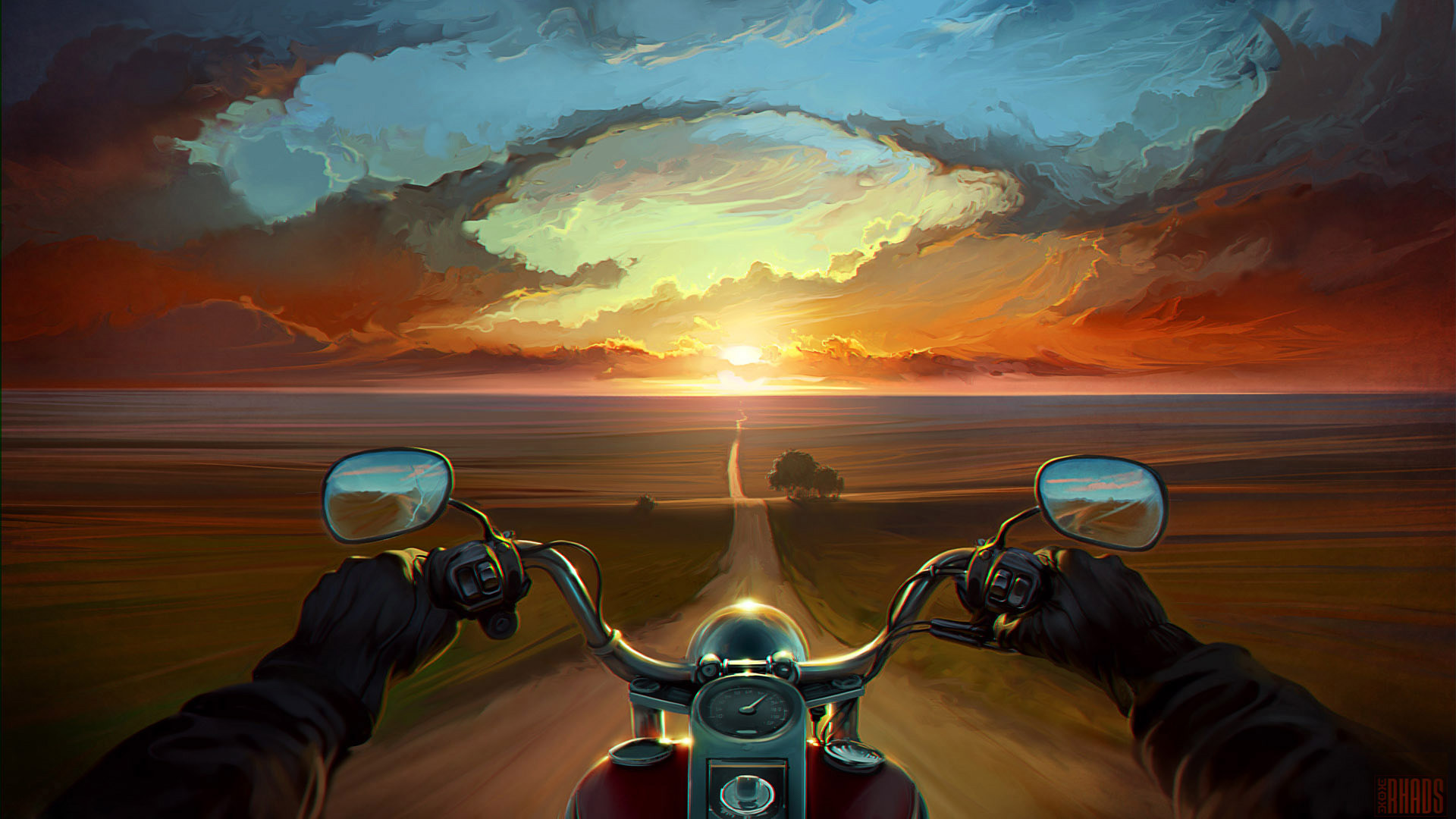 bike, landscape, artistic, motorcycle, psychedelic, road, sunset