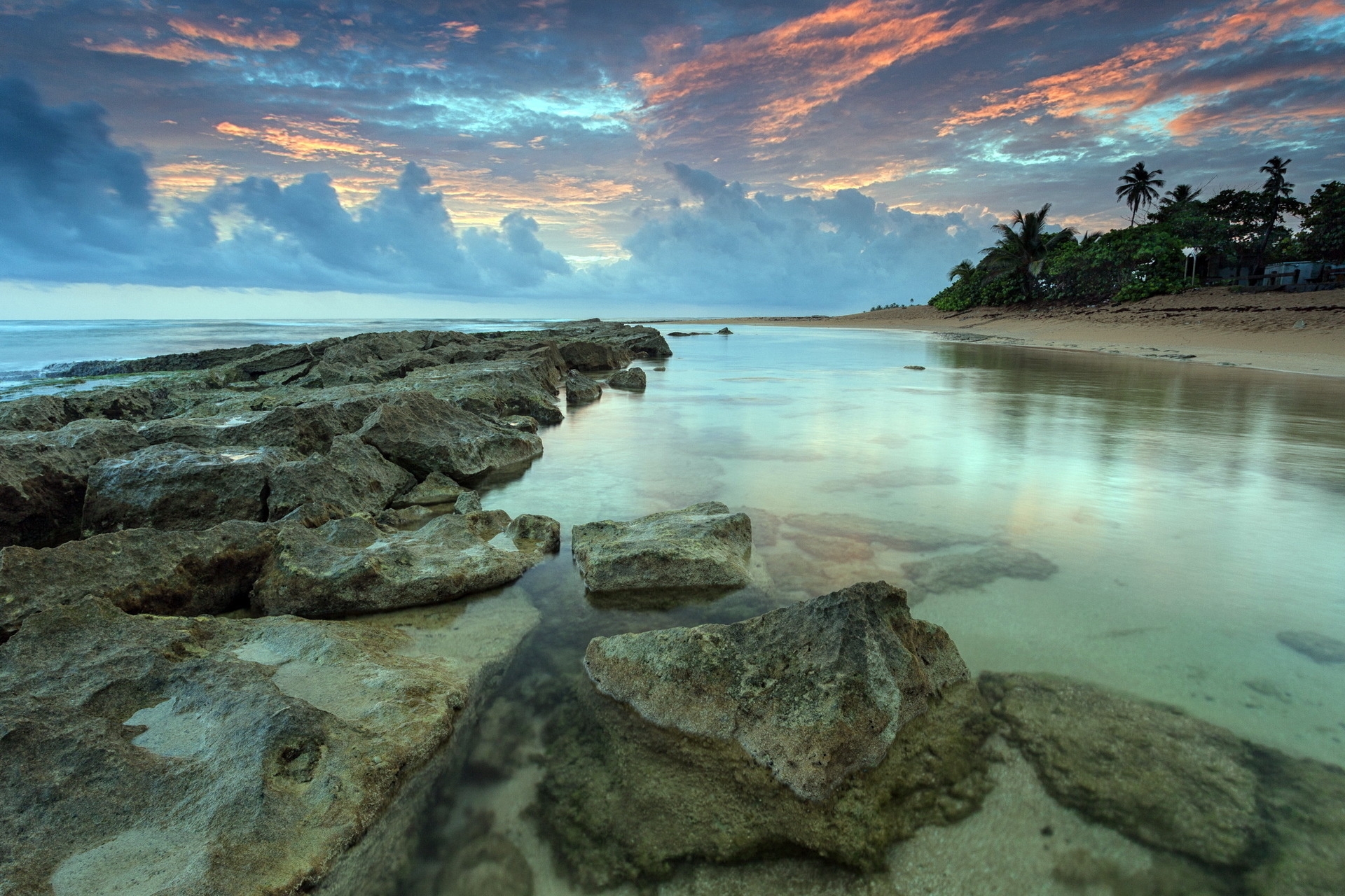bank, sunset, nature, water, stones, sky, sea, shore, transparent, shades, bottom HD wallpaper