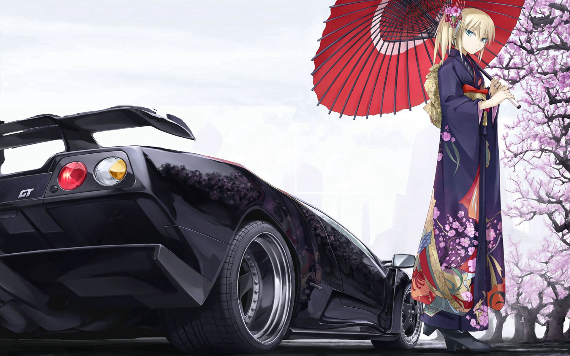 HD wallpaper anime, kimono, sakura, car, machine, girl, umbrella, classic