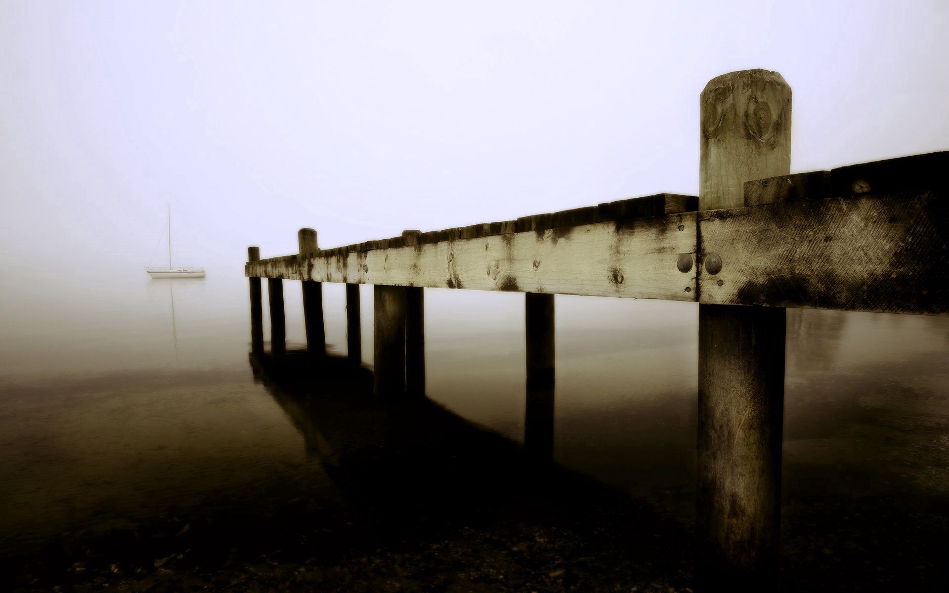 nature, sea, pier, fog, boat, planks, board Free Stock Photo