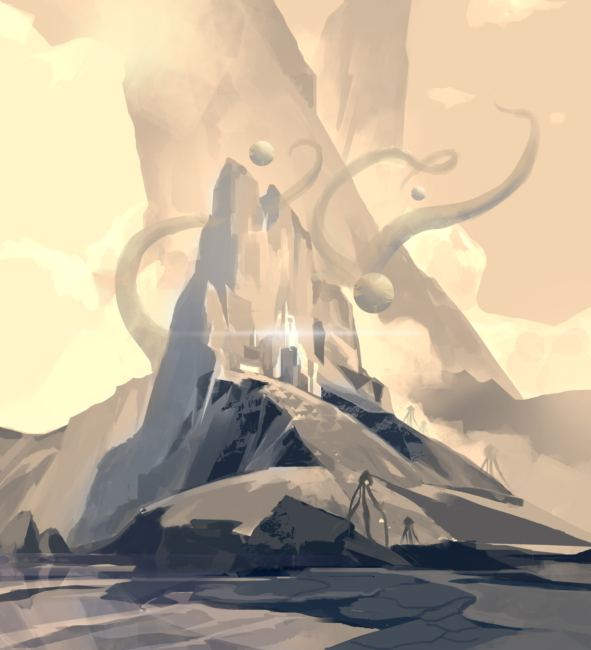 mountains, circles, art, rocks Fantasy Desktop Wallpaper