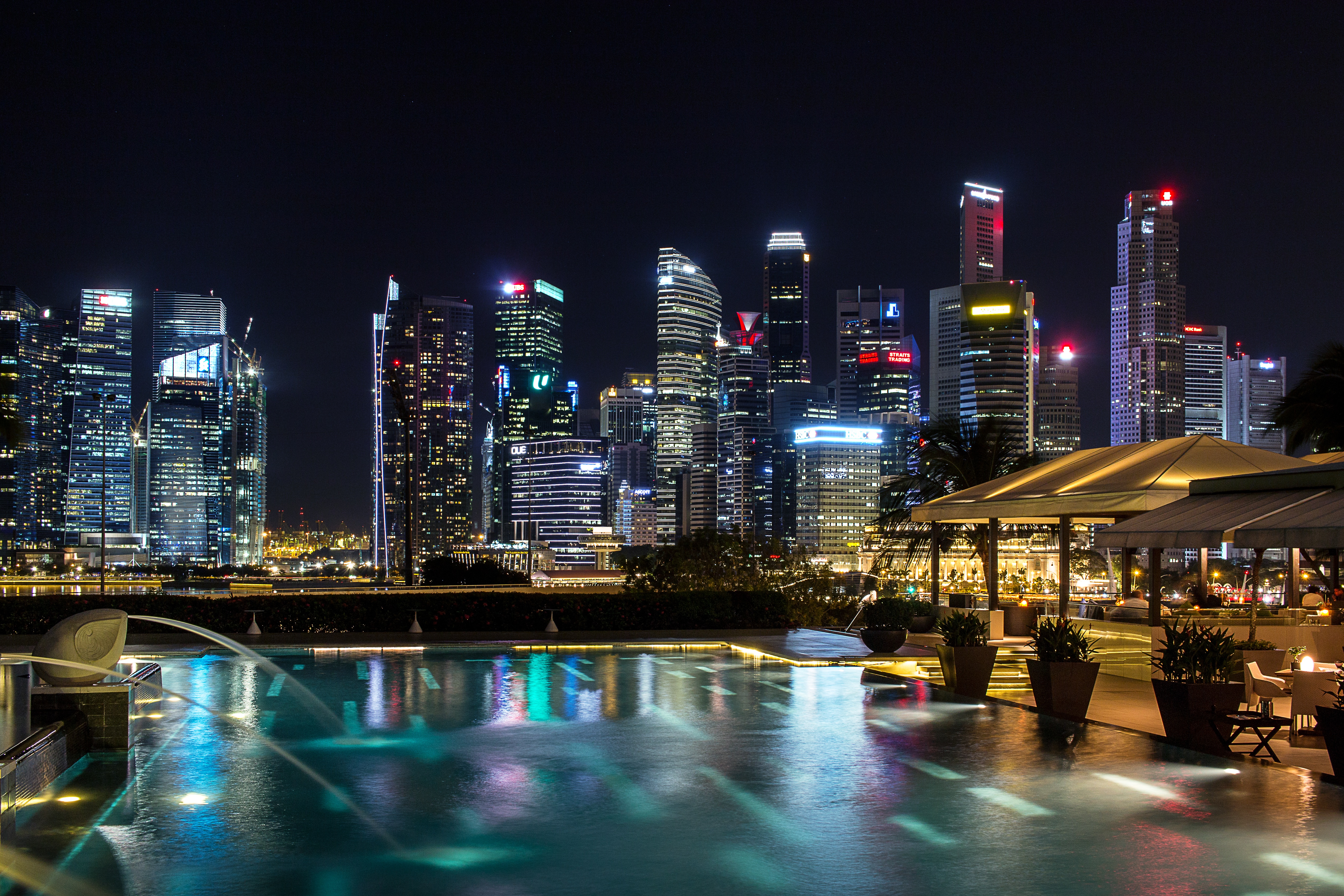 skyscrapers, cities, singapore, light show, night