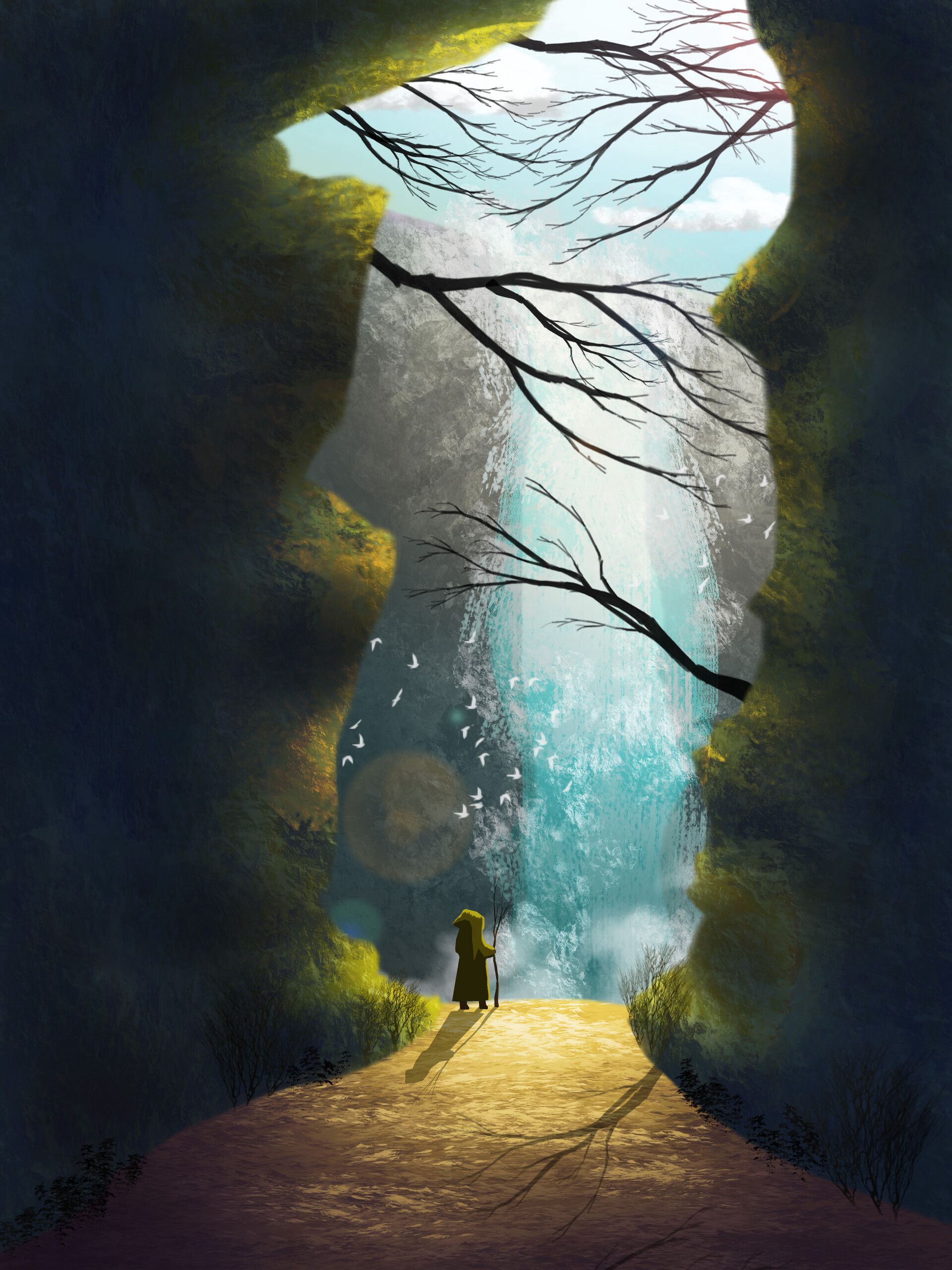 Cool HD Wallpaper wayfarer, art, waterfall, cave