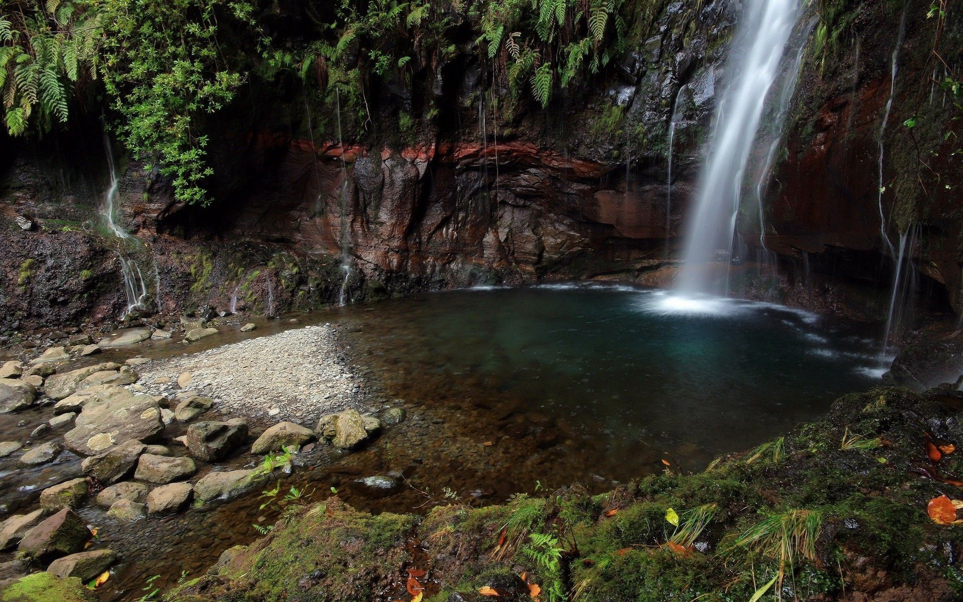Phone Background waterfall, nature, stones, vegetation