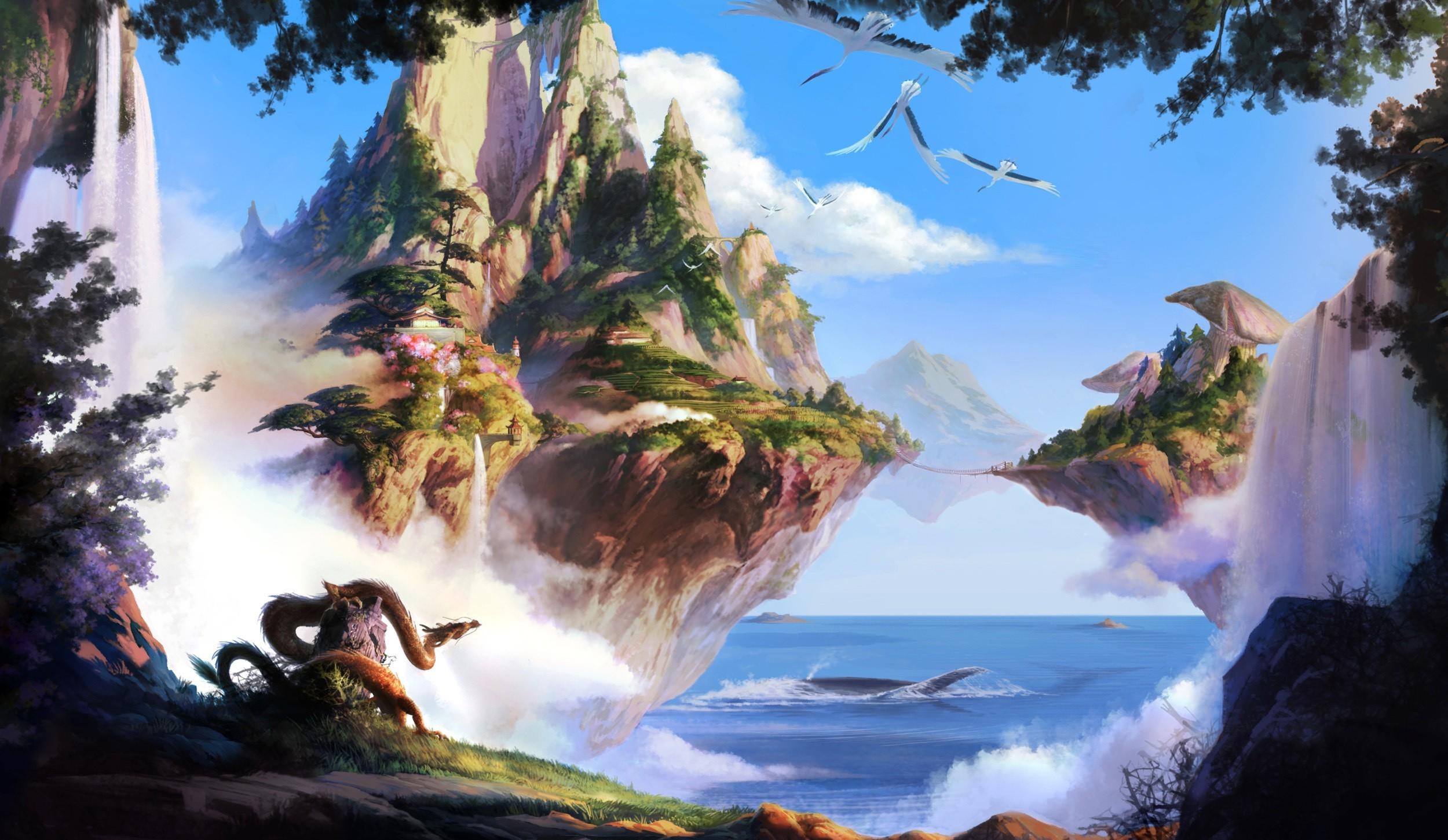 sky, fantasy, trees, sea, waterfall, islands for android