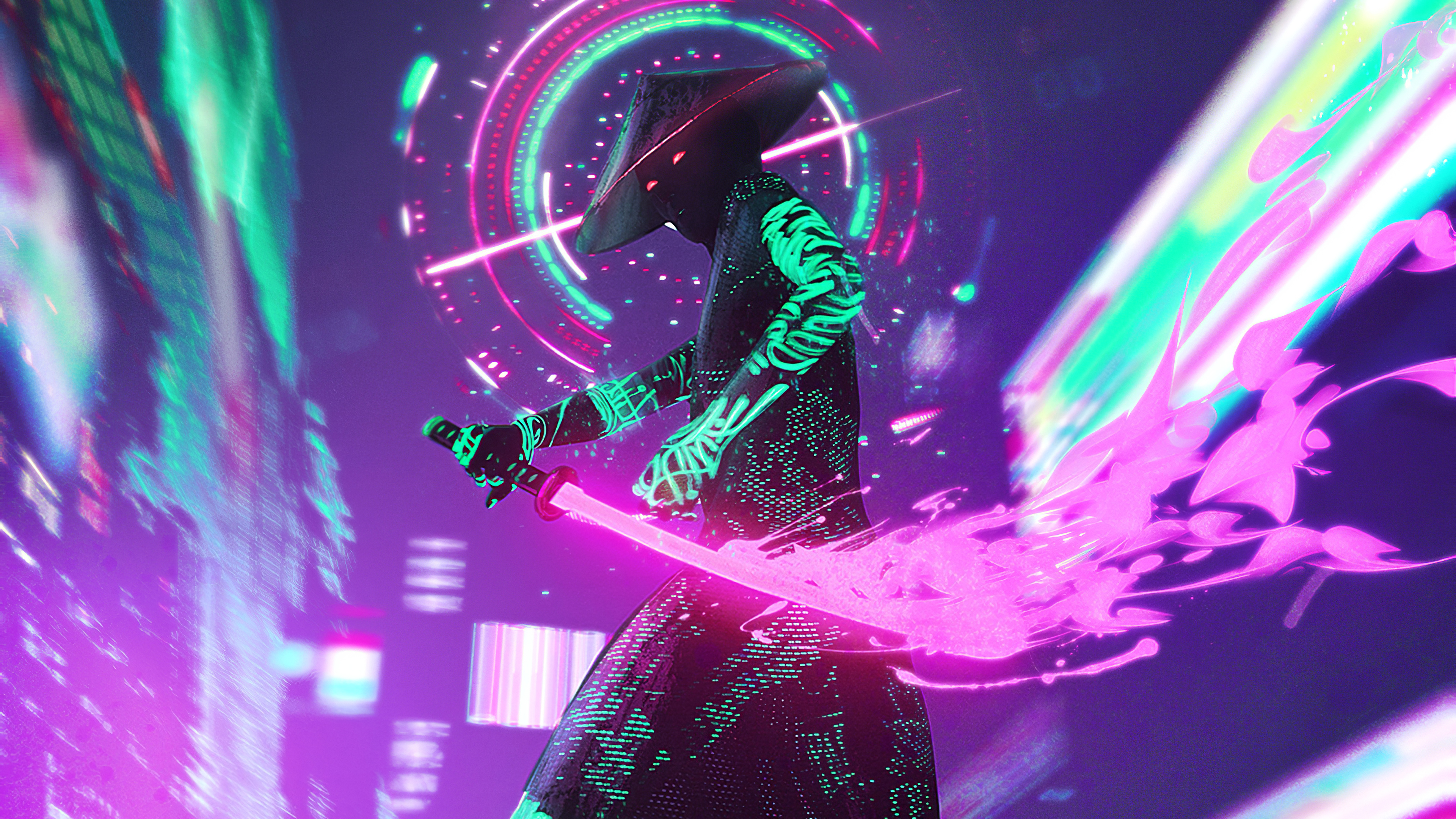 Neon sci fi, cyberpunk, warrior, sword 4k Wallpaper
