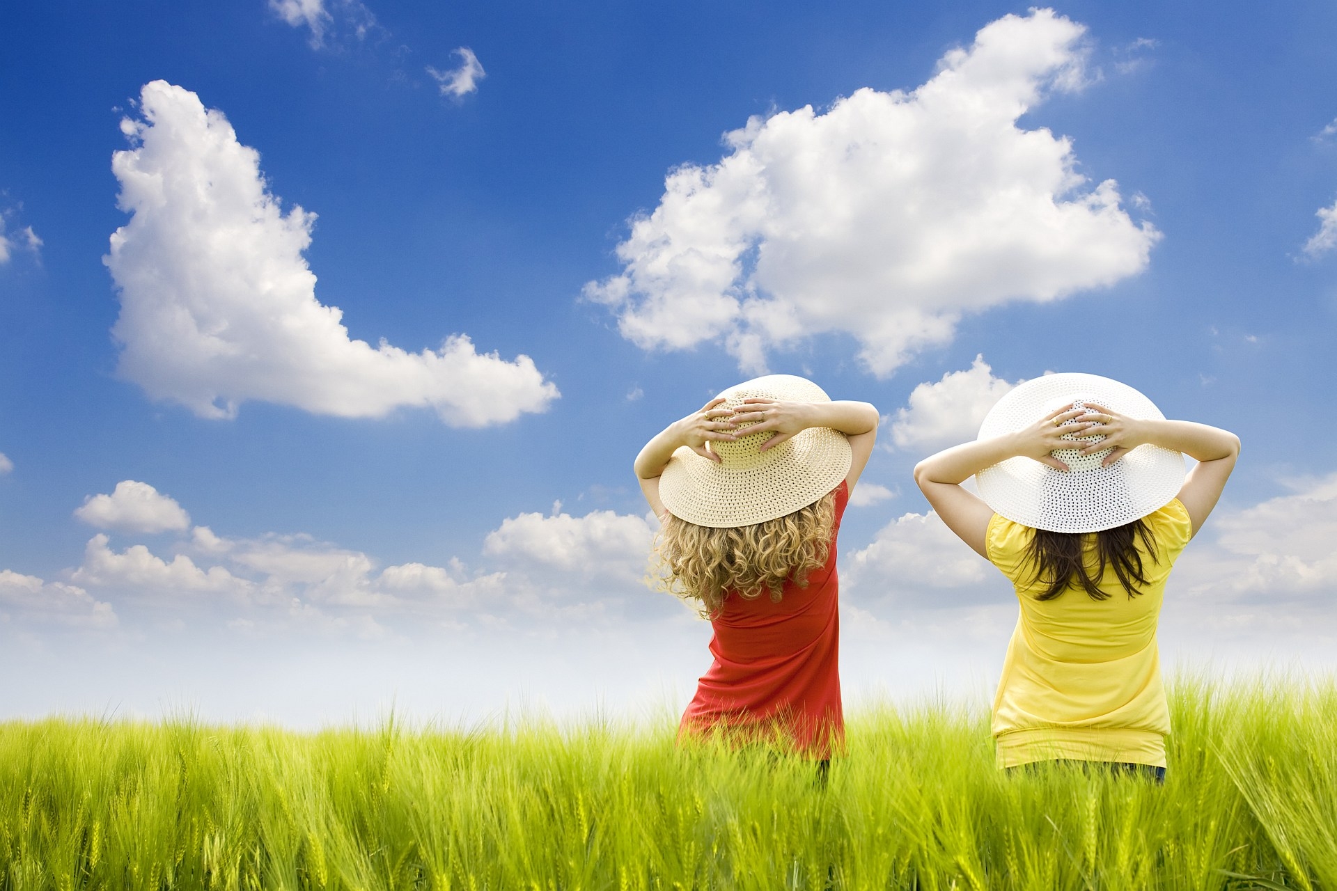 children, girls, grass, sky, miscellanea, miscellaneous, field, hats, air for android