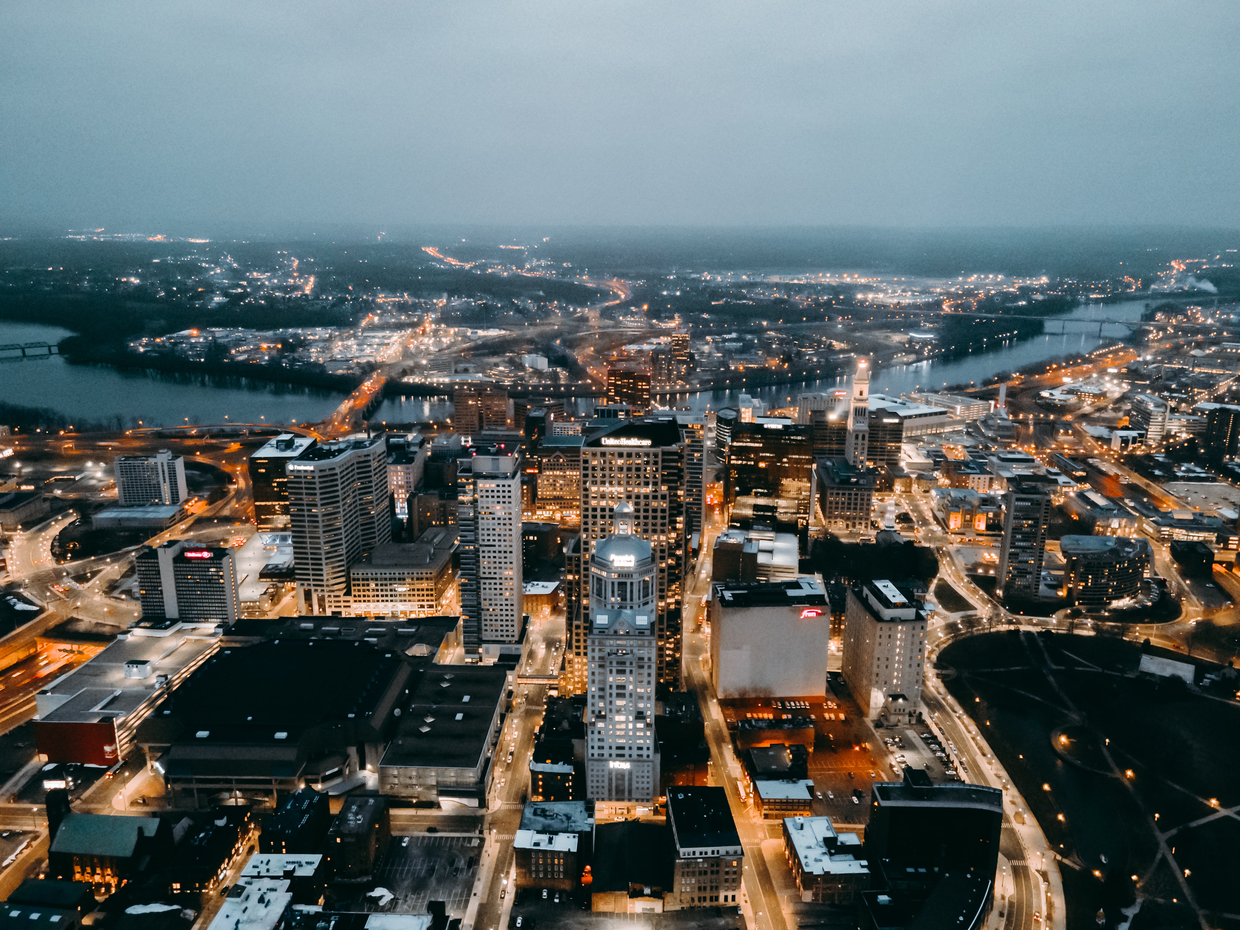 rivers, cities, city, building, lights, view from above, horizon images