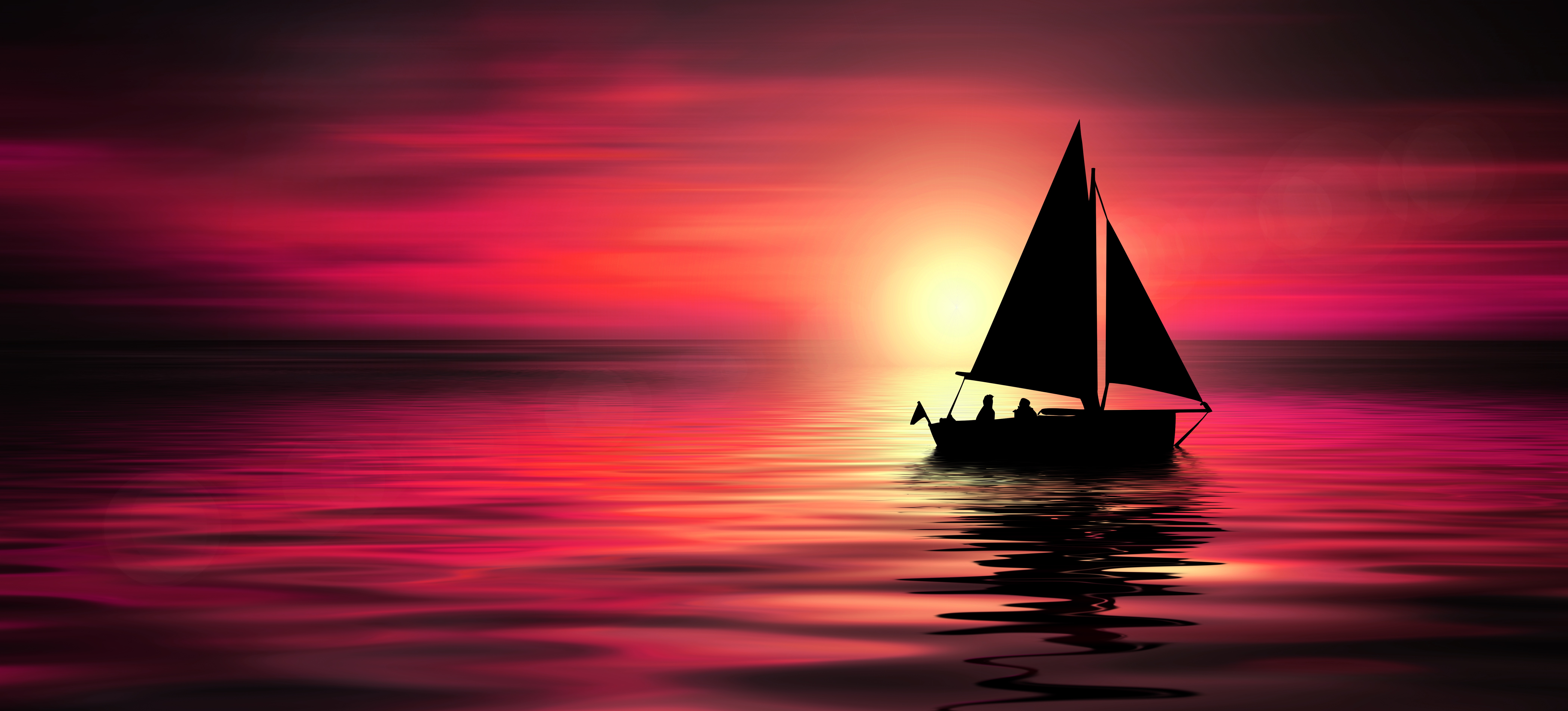 silhouettes, sea, night, horizon, dark, sail