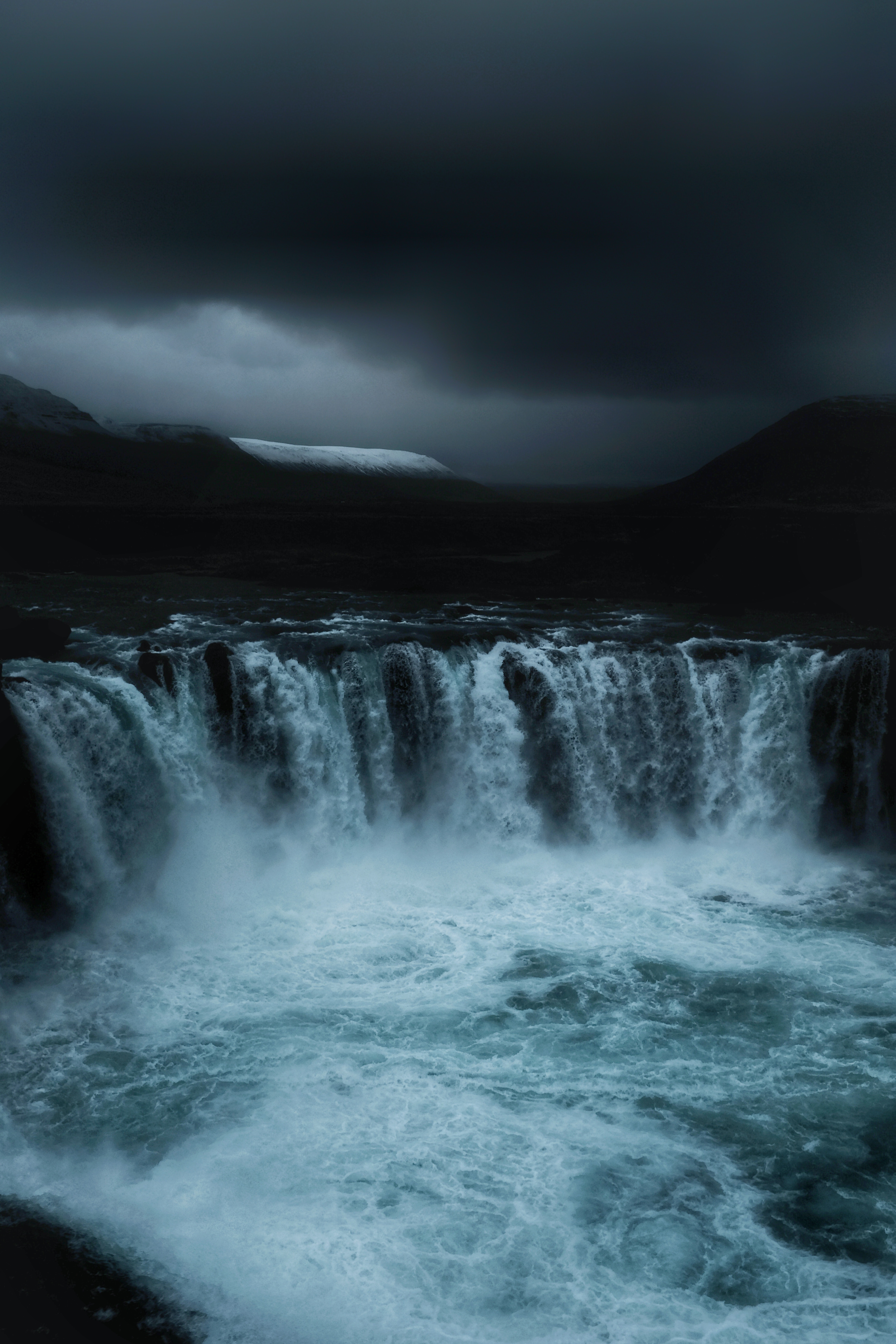 waterfall, nature, dark, fog, flow, mainly cloudy, overcast