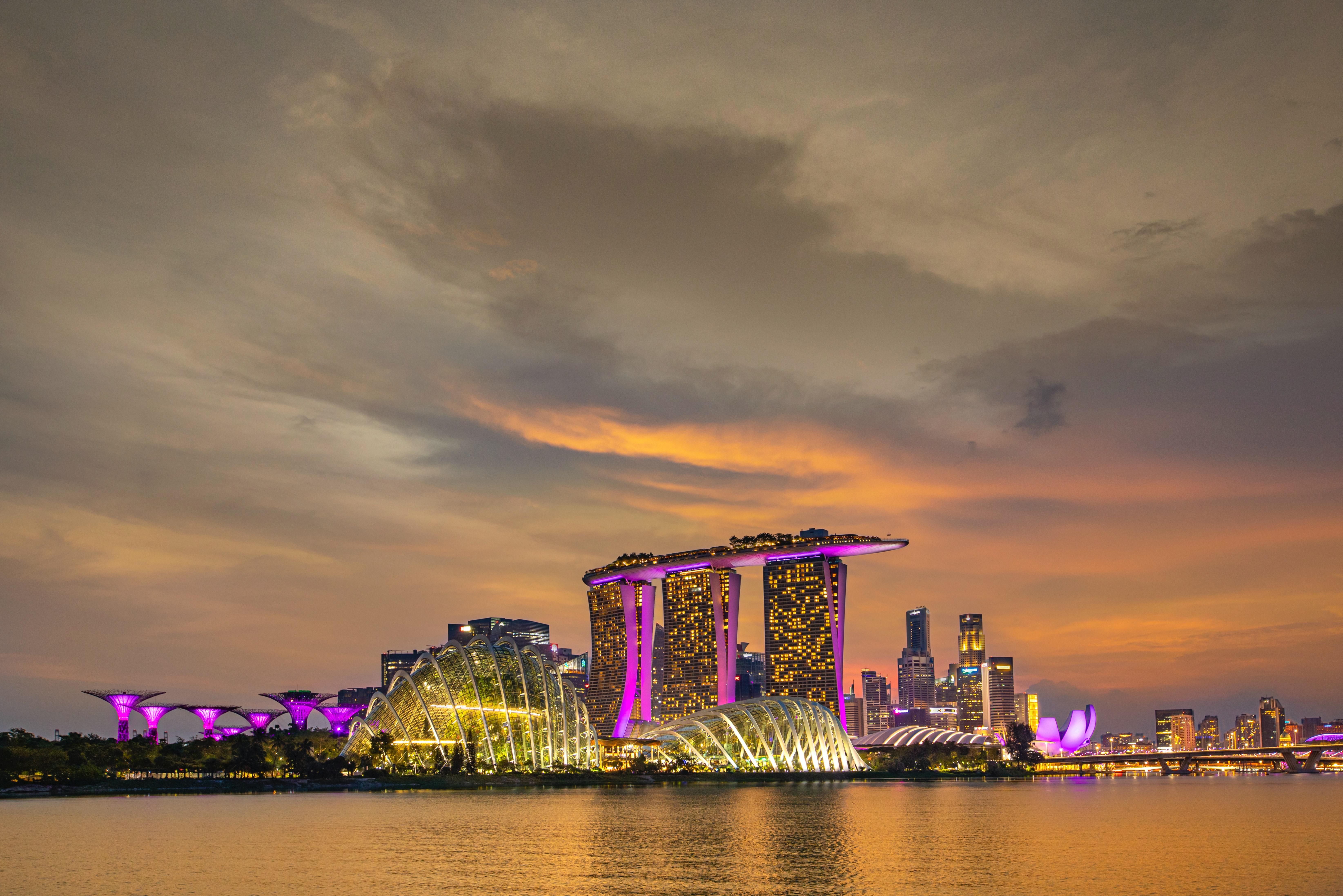 Mobile wallpaper: Cities, Sunset, Architecture, City, Building, Reflection,  Singapore, Man Made, 486318 download the picture for free.
