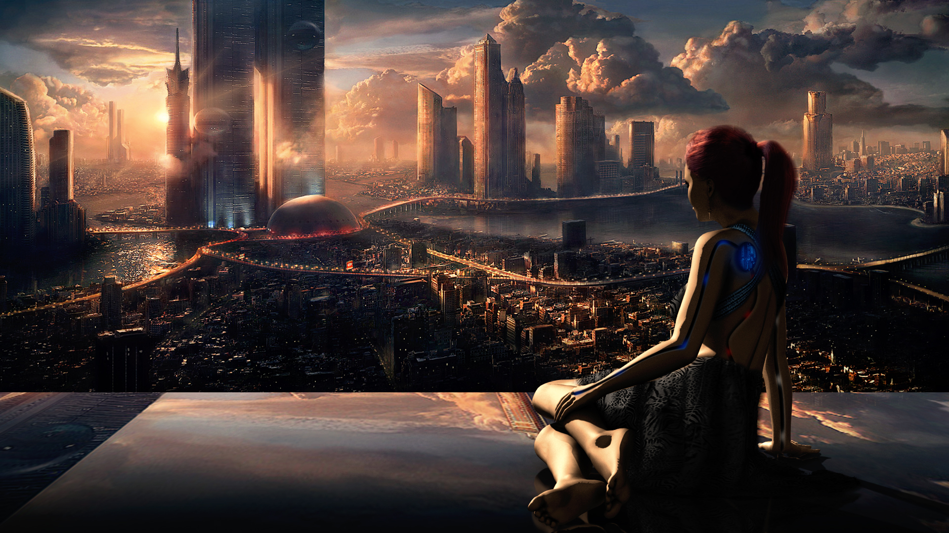 robot, reflection, sci fi, sunset, city, futuristic city