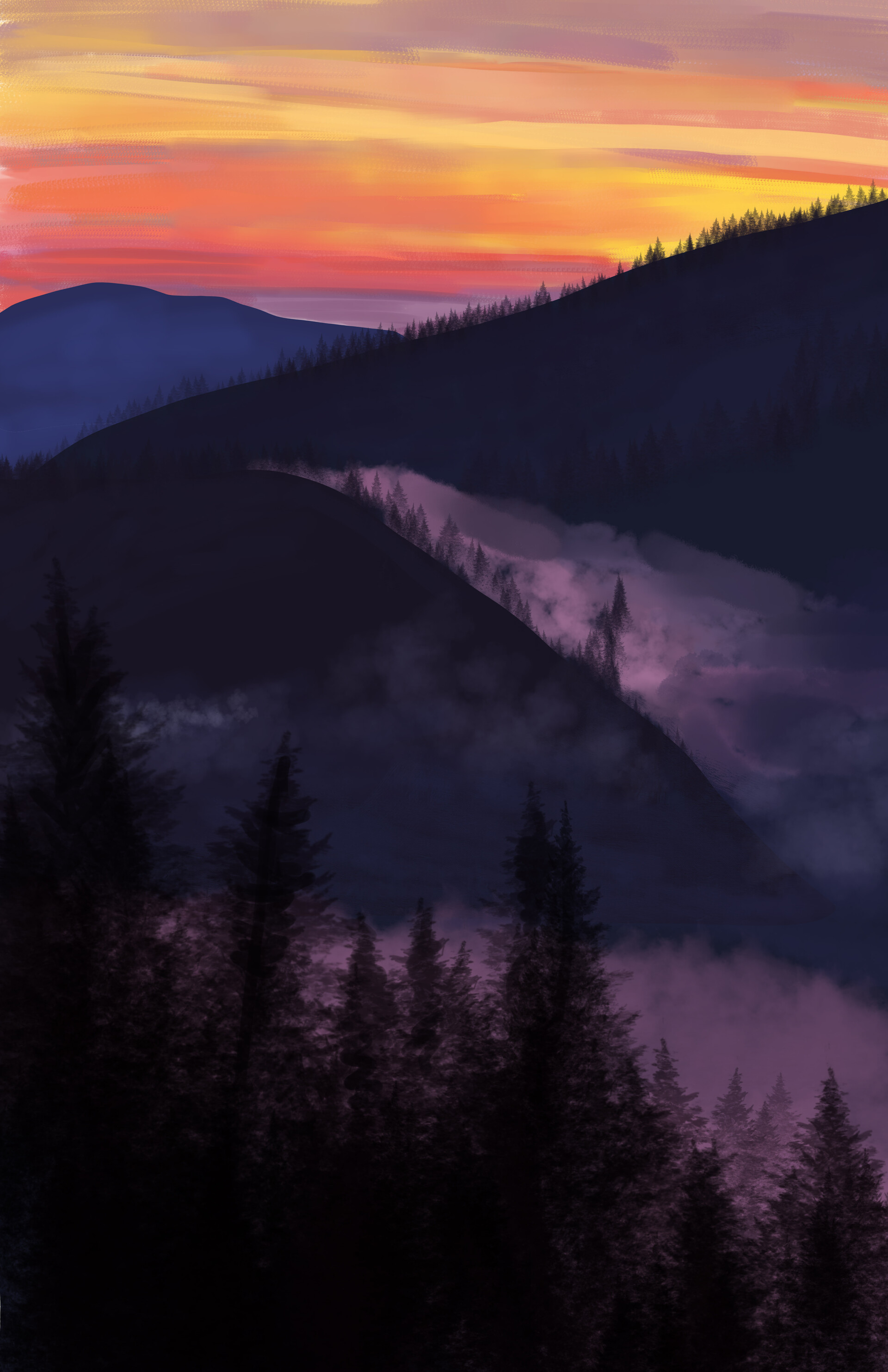 art, trees, fog, hills HD wallpaper