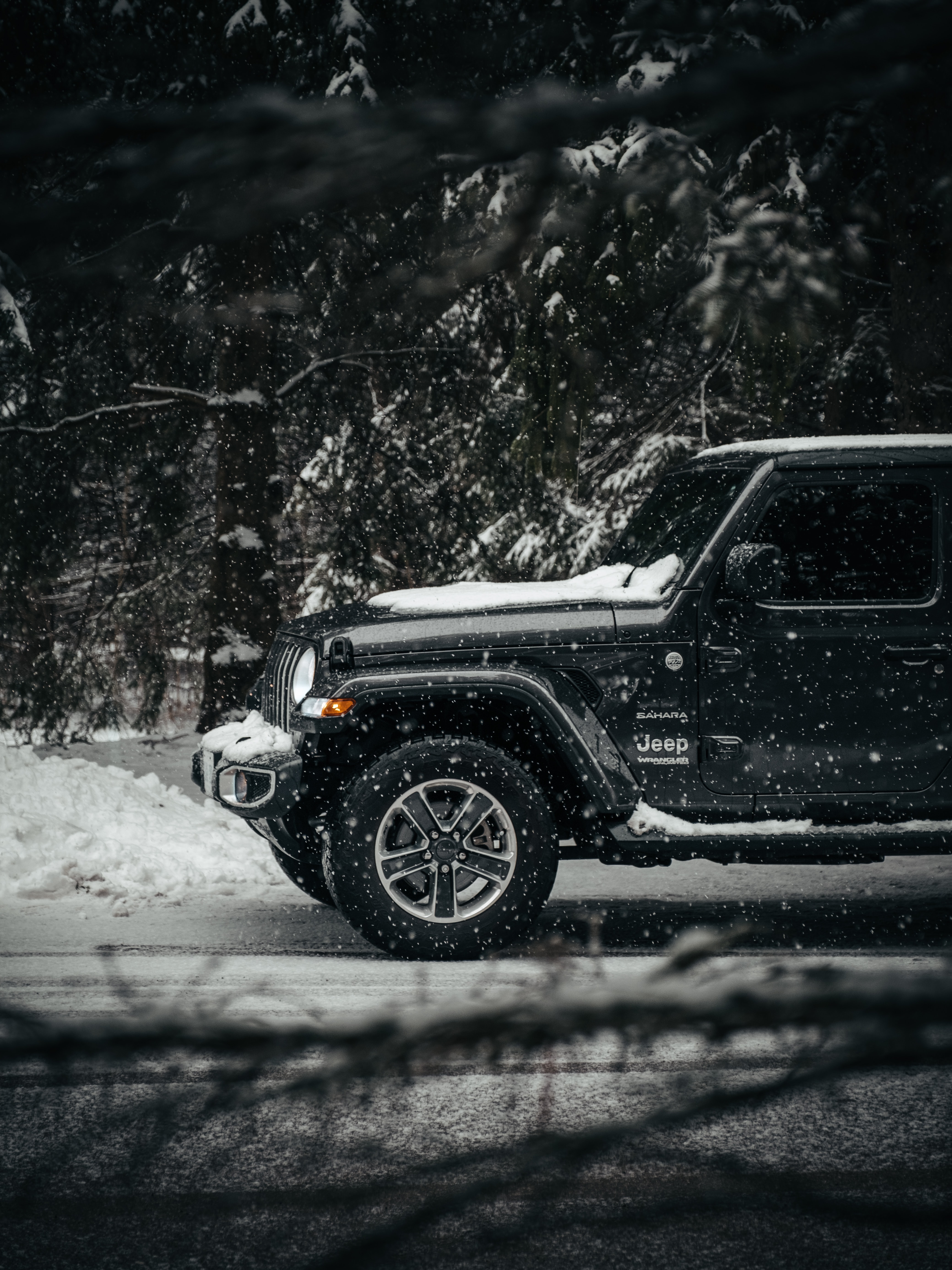 cars, jeep wrangler, jeep, black, snow, car, suv 2160p