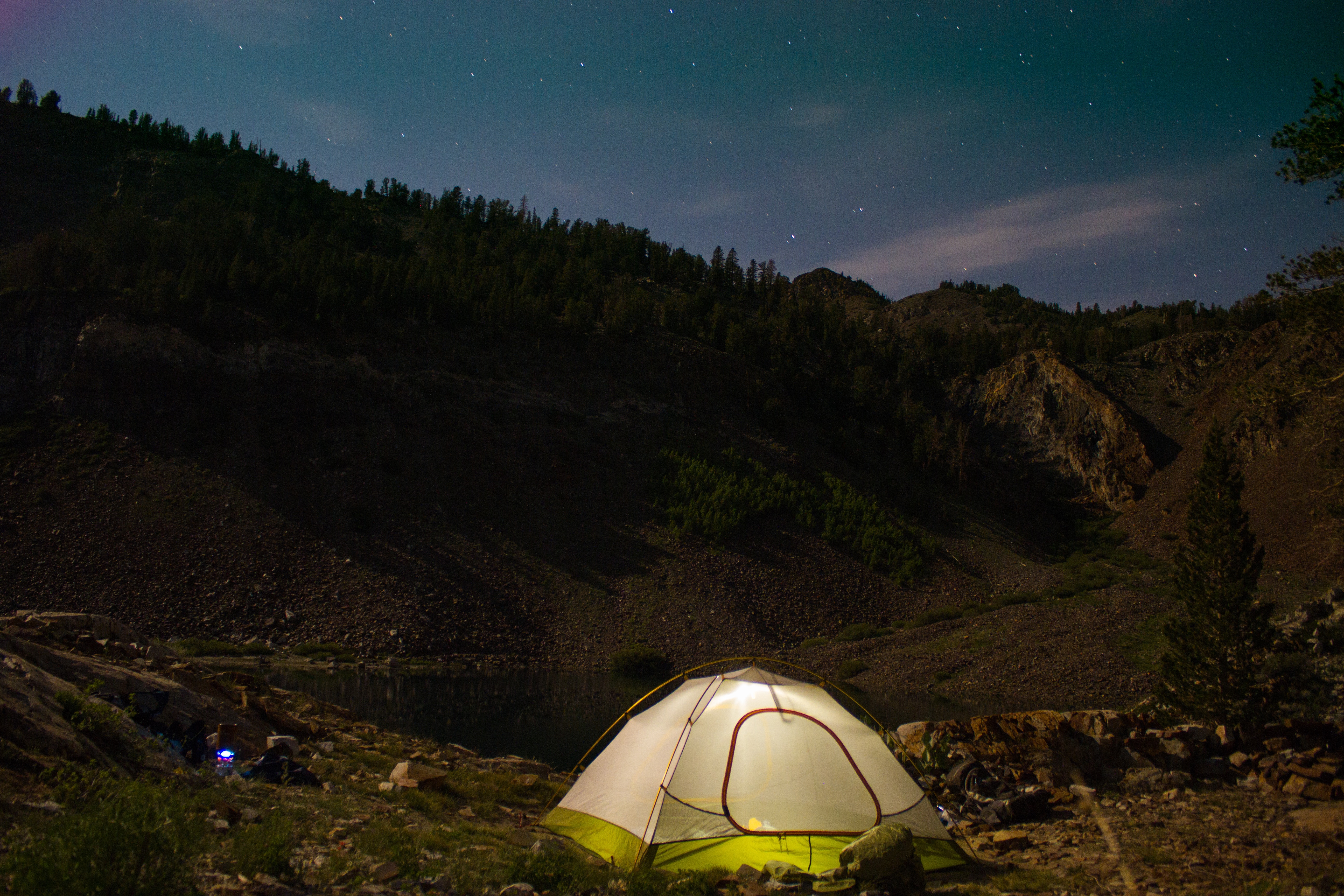 camping, tent, nature, mountains, lake, evening, campsite