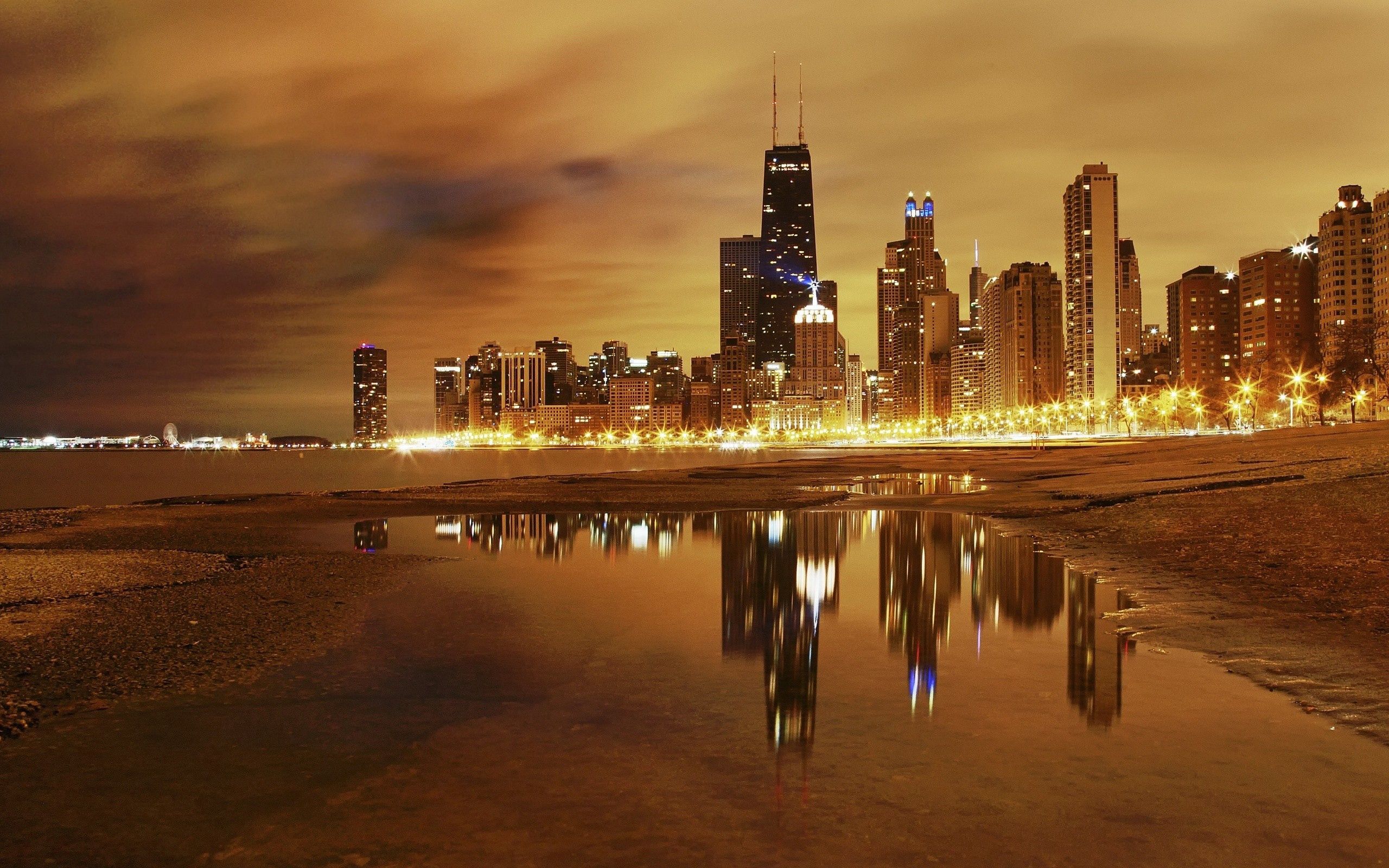 building, hdr, cities, beach, city lights, skyscrapers, evening, chicago