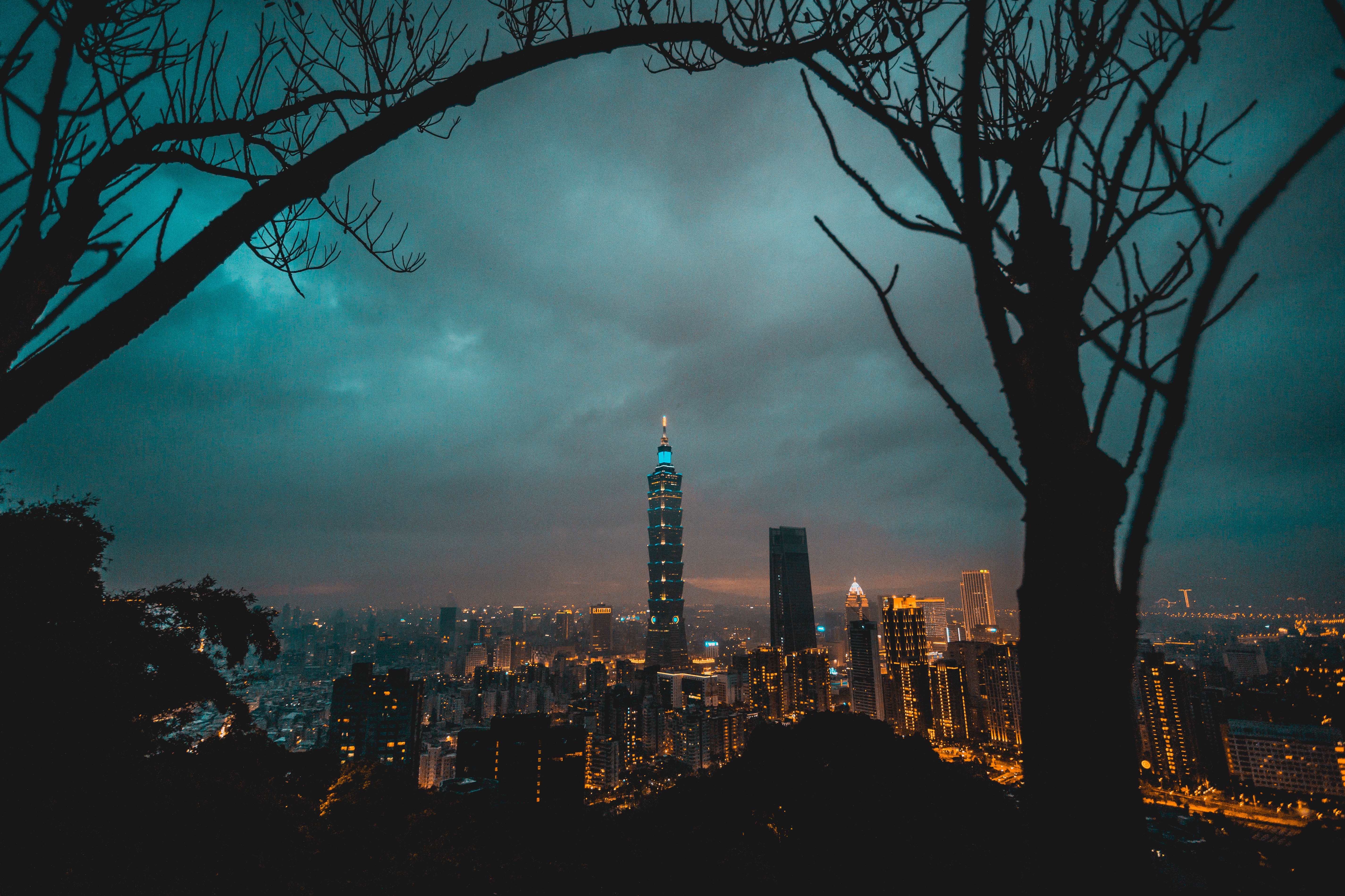 Lights evening, cityscape, thunderclouds, urban landscape 8k Backgrounds