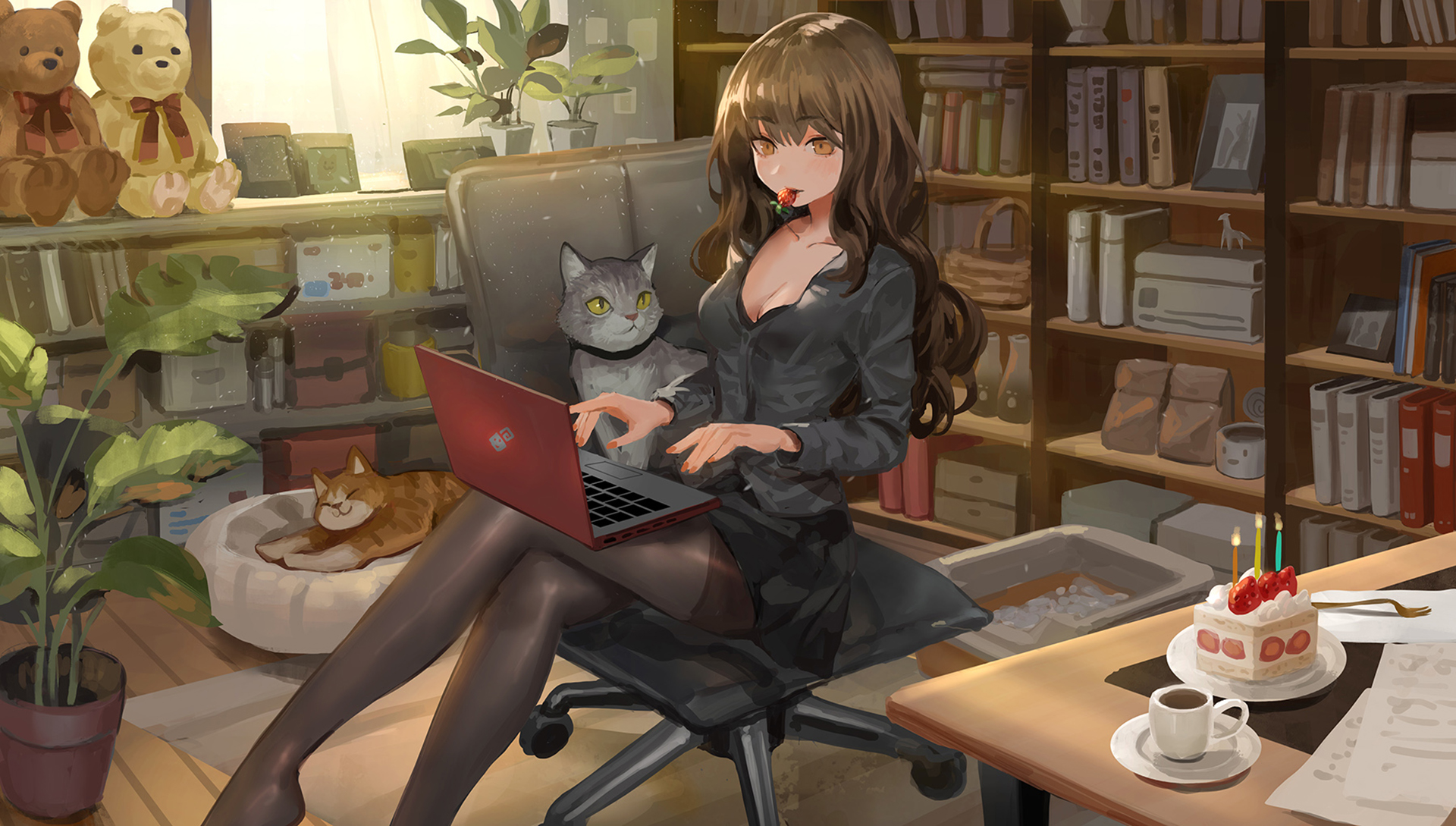 HD desktop wallpaper: Anime, Cat, Girl, Room download free picture #937794