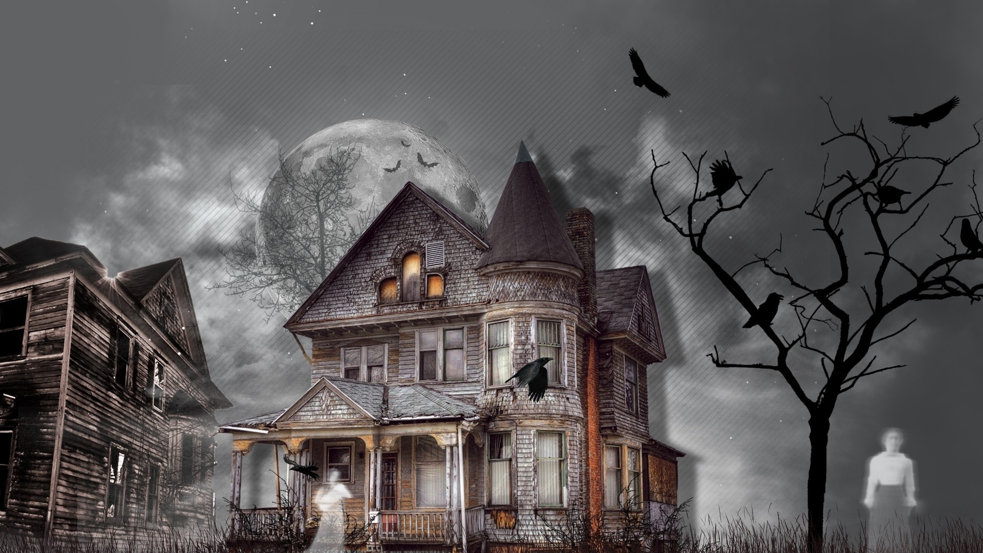 Widescreen image holiday, dark, tree, haunted house