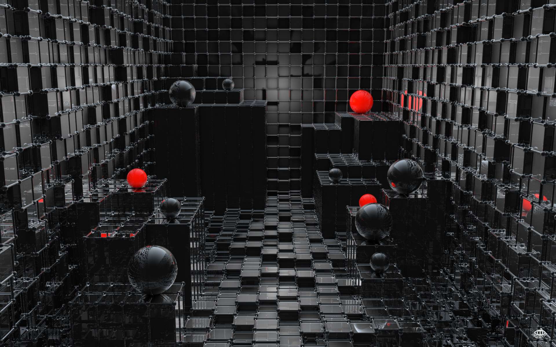 3d, abstract, dark, black, sphere, cgi, cube QHD