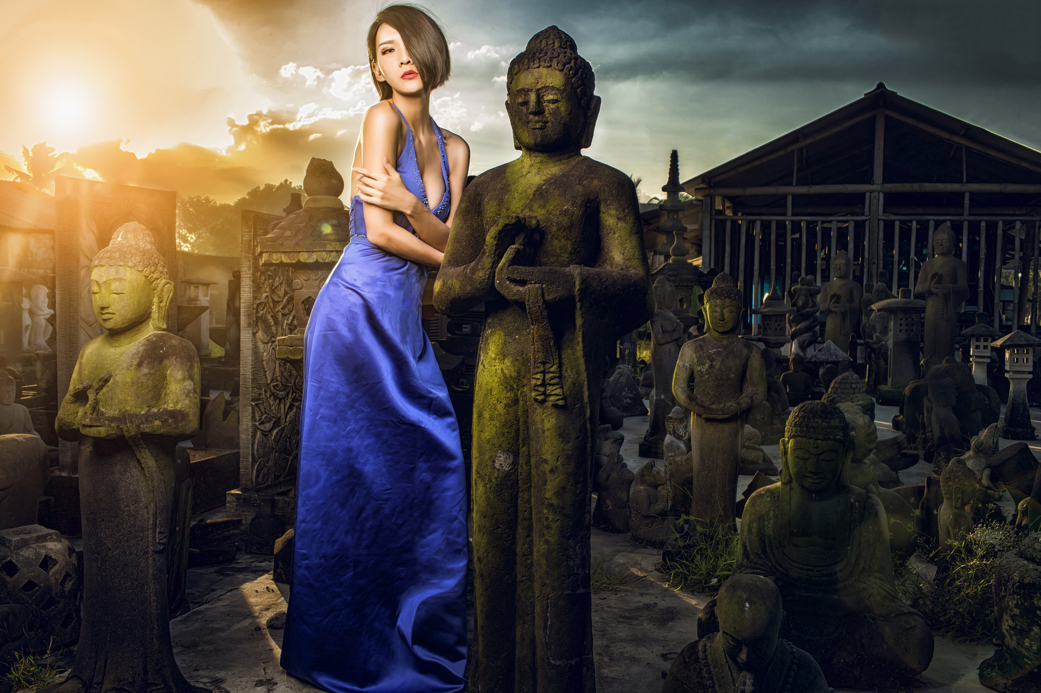 statue, buddha, women, brunette, blue dress, asian, model