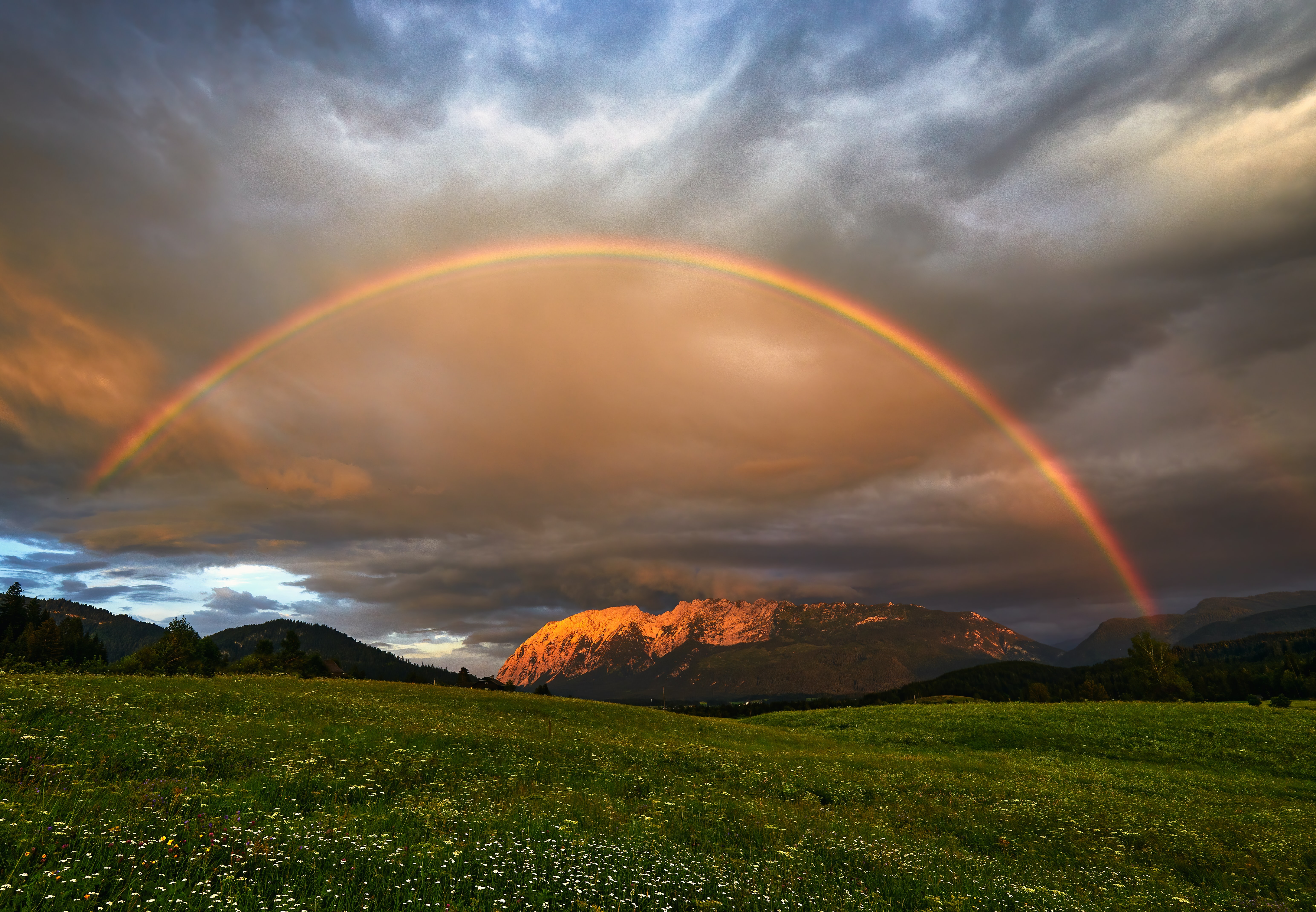 Laden Sie das Regenbogen, Landschaft, Natur, Mountains, Wiese-Bild kostenlos auf Ihren PC-Desktop herunter