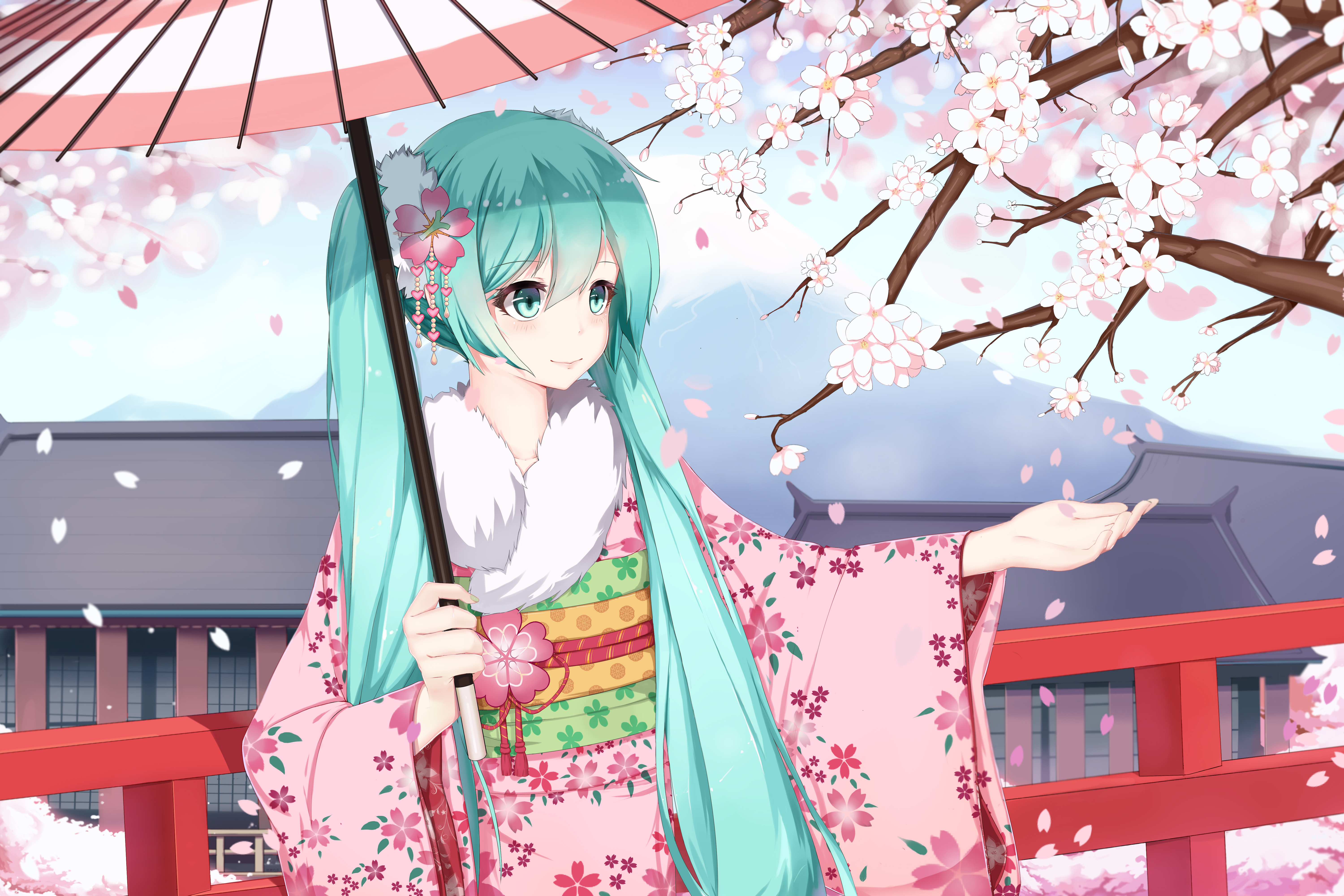 anime, vocaloid, blue eyes, blue hair, hatsune miku, kimono, petal, sakura blossom, twintails, umbrella