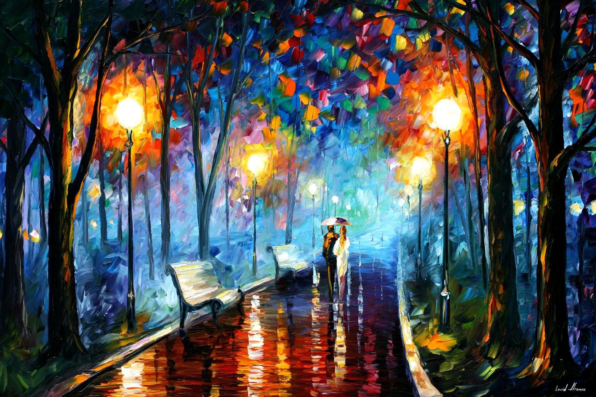 park, painting, colorful, rain Couple HQ Background Wallpapers