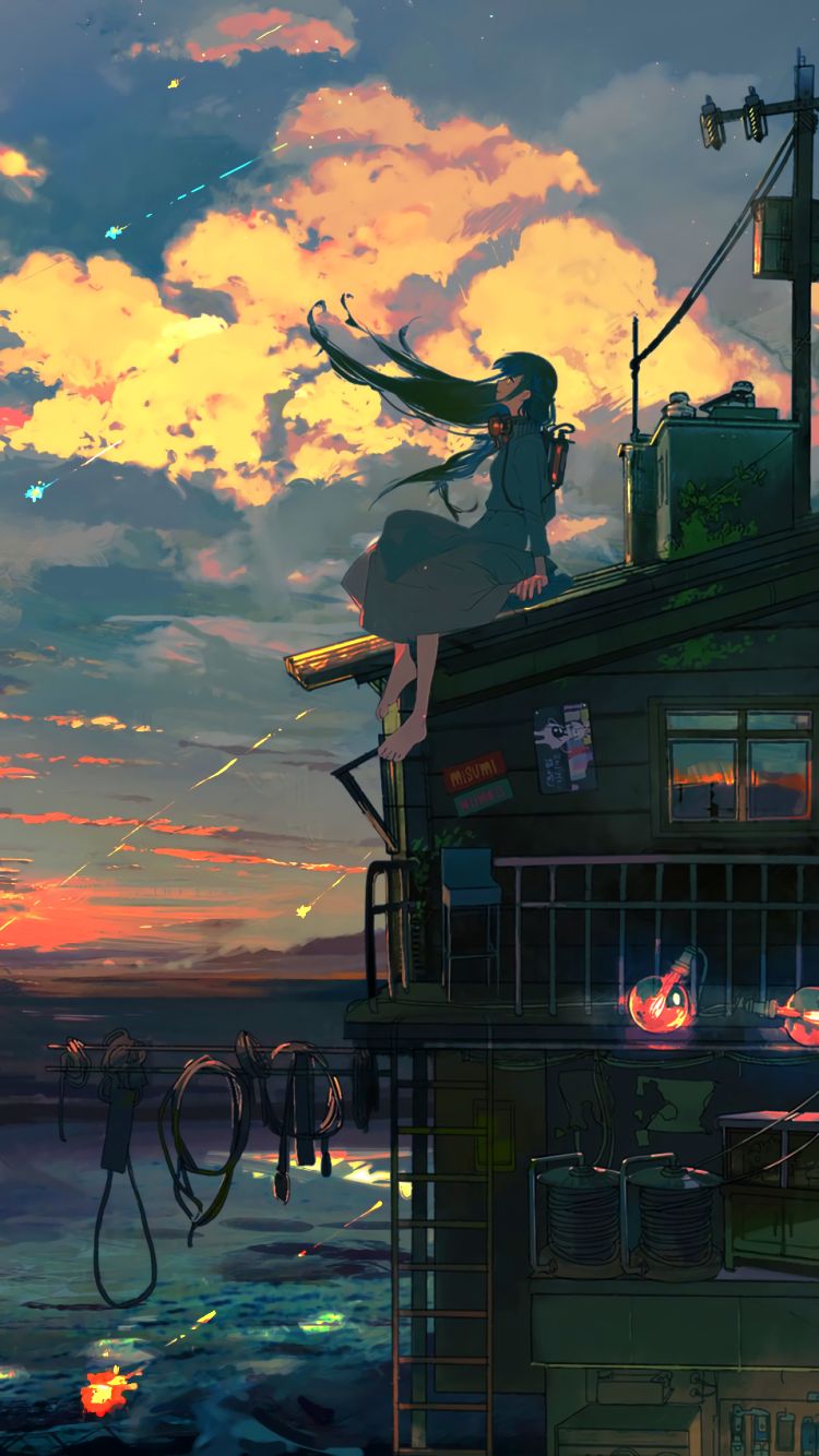 Mobile wallpaper: Anime, Sunset, Building, House, Cloud, Light Bulb,  Shooting Star, Long Hair, 1285397 download the picture for free.