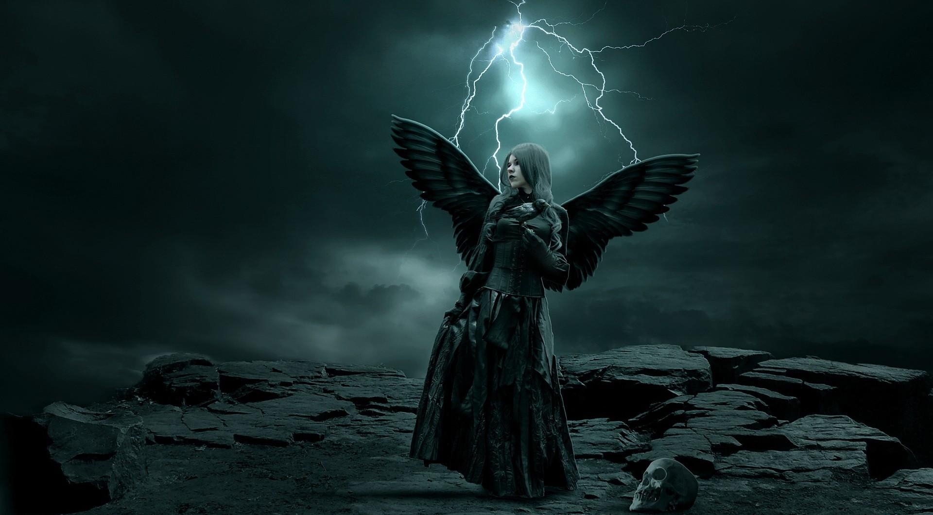96467 download wallpaper fantasy, lightning, rock, darkness, girl, wings, skull screensavers and pictures for free