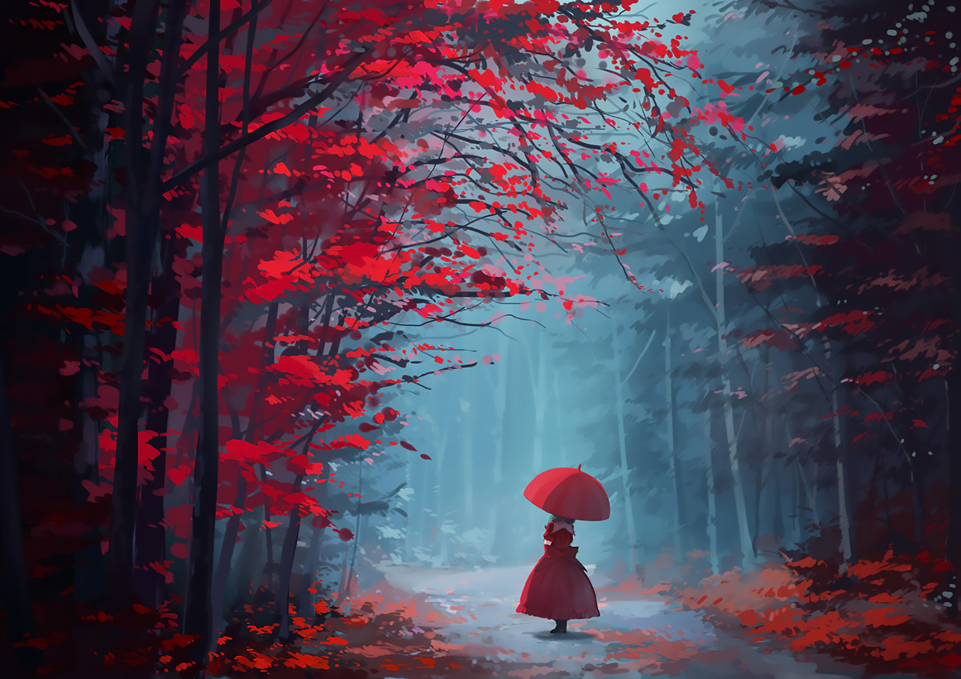 touhou, leaf, umbrella, anime, hina kagiyama, red dress