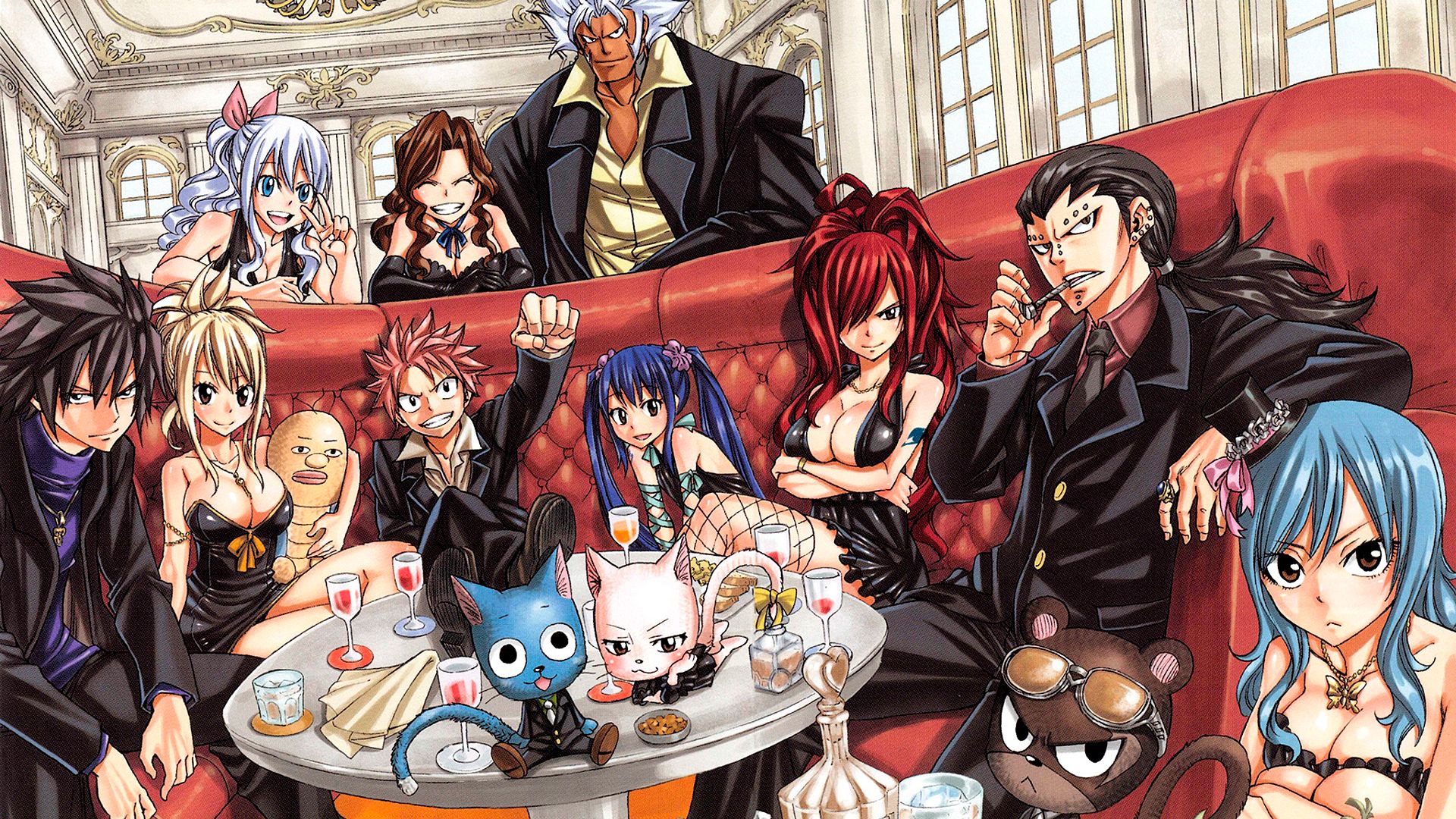 short hair, anime, fairy tail, black dress, black hair, blonde, blue eyes, blue hair, bow (clothing), brown eyes, brown hair, cana alberona, charles (fairy tail), couch, dress, elfman strauss, erza scarlet, fishnet, gajeel redfox, gray fullbuster, happy (fairy tail), juvia lockser, long hair, lucy heartfilia, mirajane strauss, natsu dragneel, necklace, panther lily (fairy tail), pink hair, red hair, ring, smile, sunglasses, twintails, wendy marvell, white hair