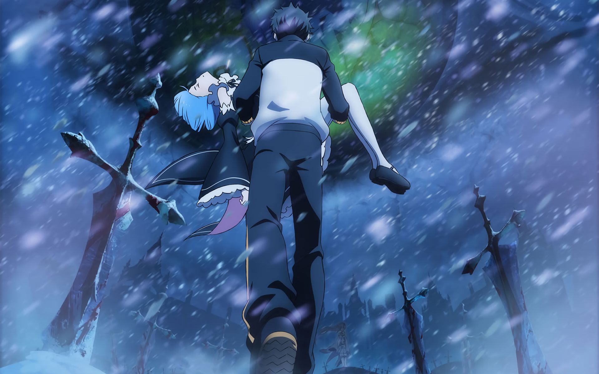android anime, re:zero starting life in another world, black hair, blue hair, emilia (re:zero), rem (re:zero), snow, subaru natsuki, sword