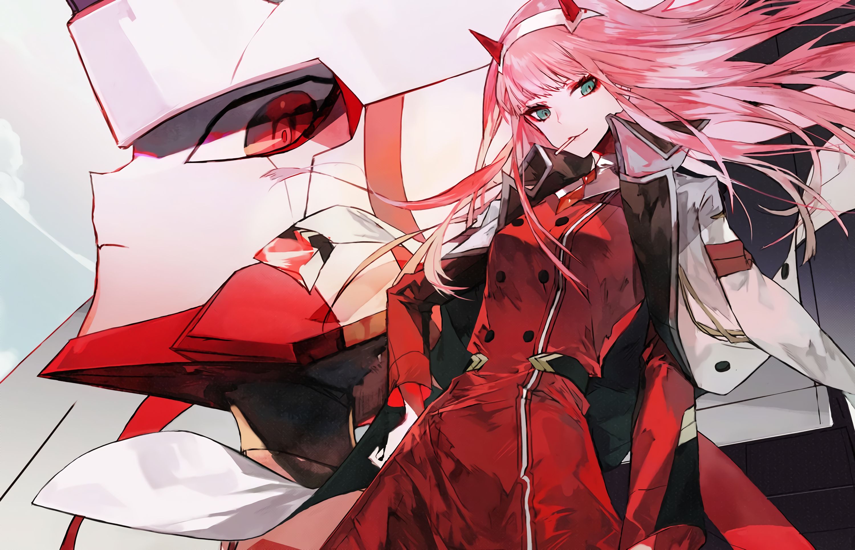 darling in the franxx, anime, coat, green eyes, horns, lollipop, long hair, pink hair, red eyes, zero two (darling in the franxx) cellphone