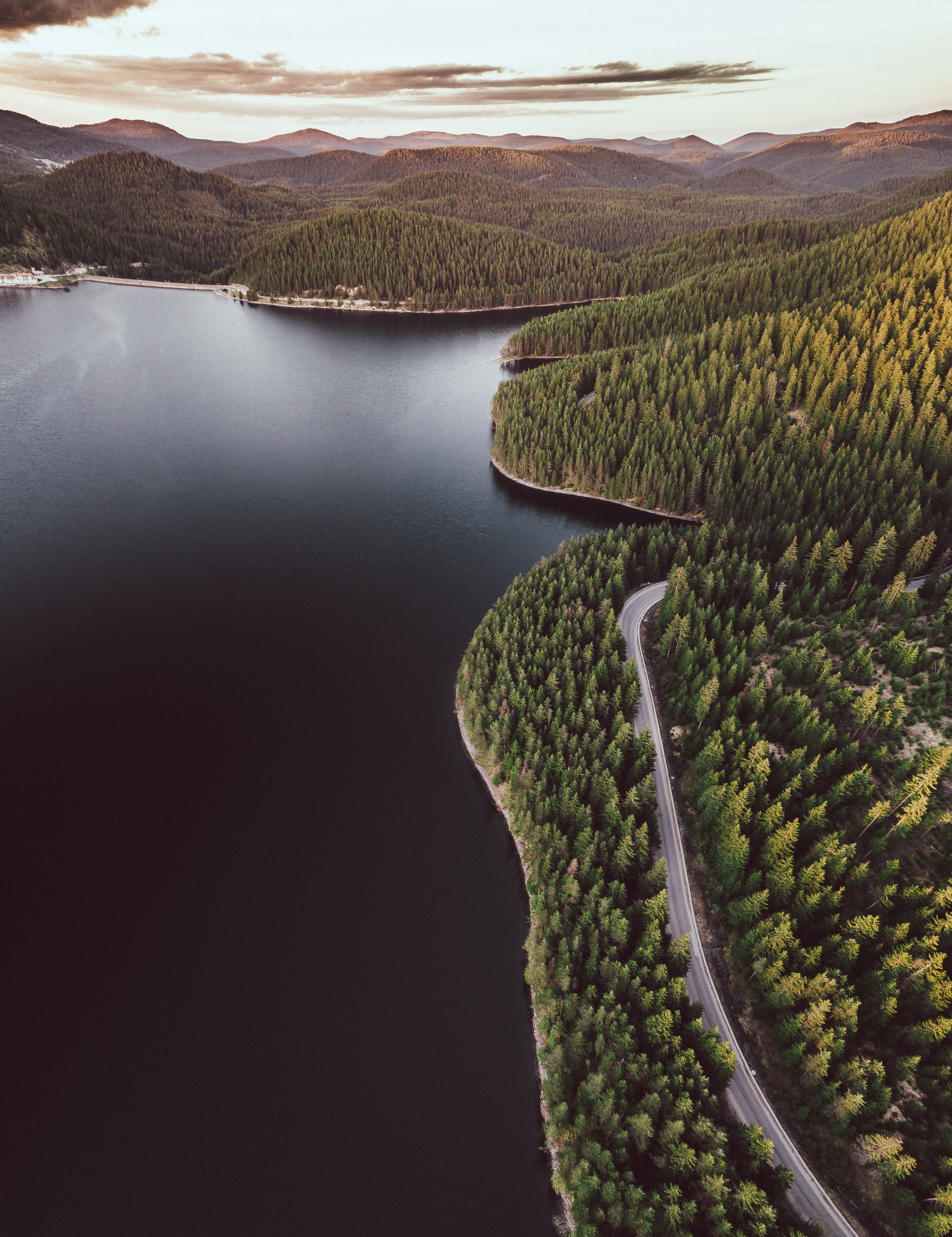 shore, nature, view from above, lake, bank, road, forest, hills phone background